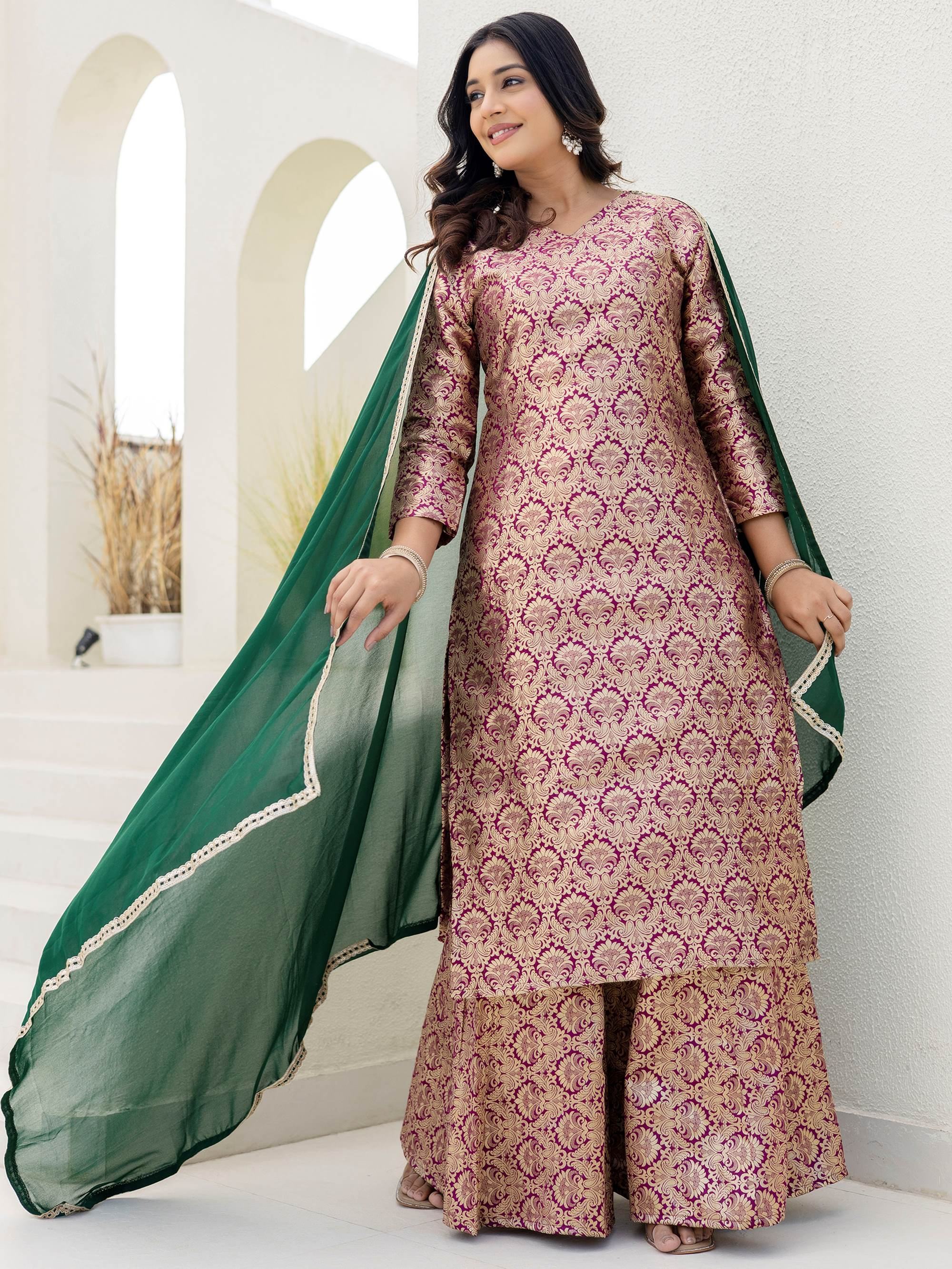 Purple Captivating Zari Weaving Jacquard Festive Wear Palazzo Suit
