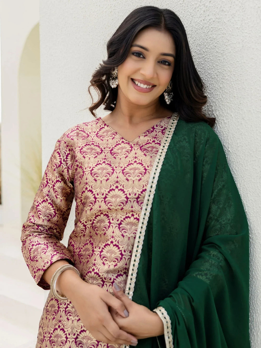 Purple Captivating Zari Weaving Jacquard Festive Wear Palazzo Suit