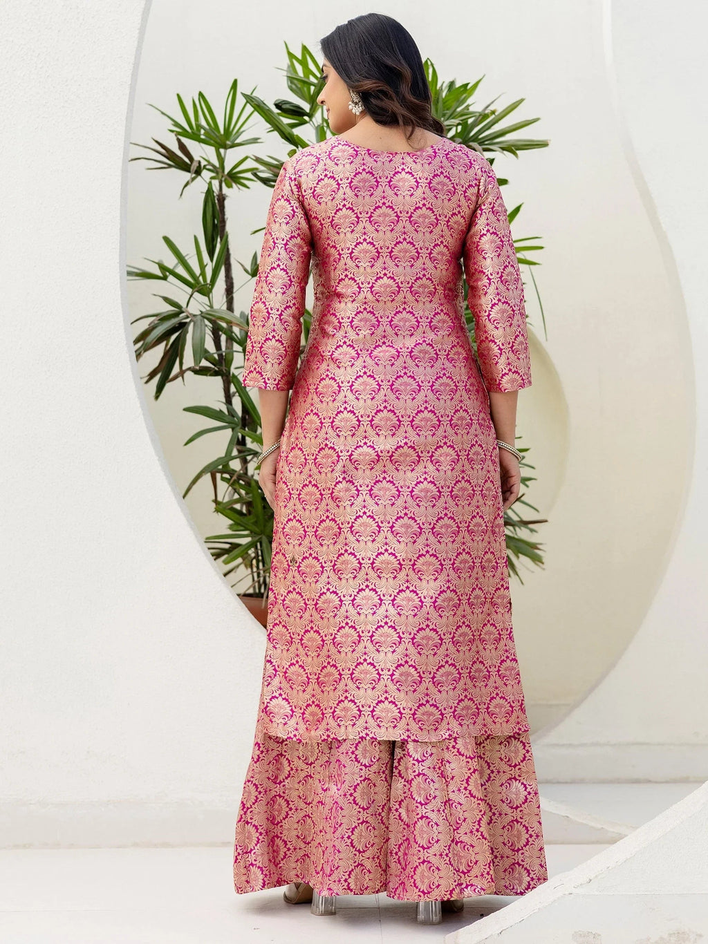 Pink Captivating Zari Weaving Jacquard Festive Wear Palazzo Suit