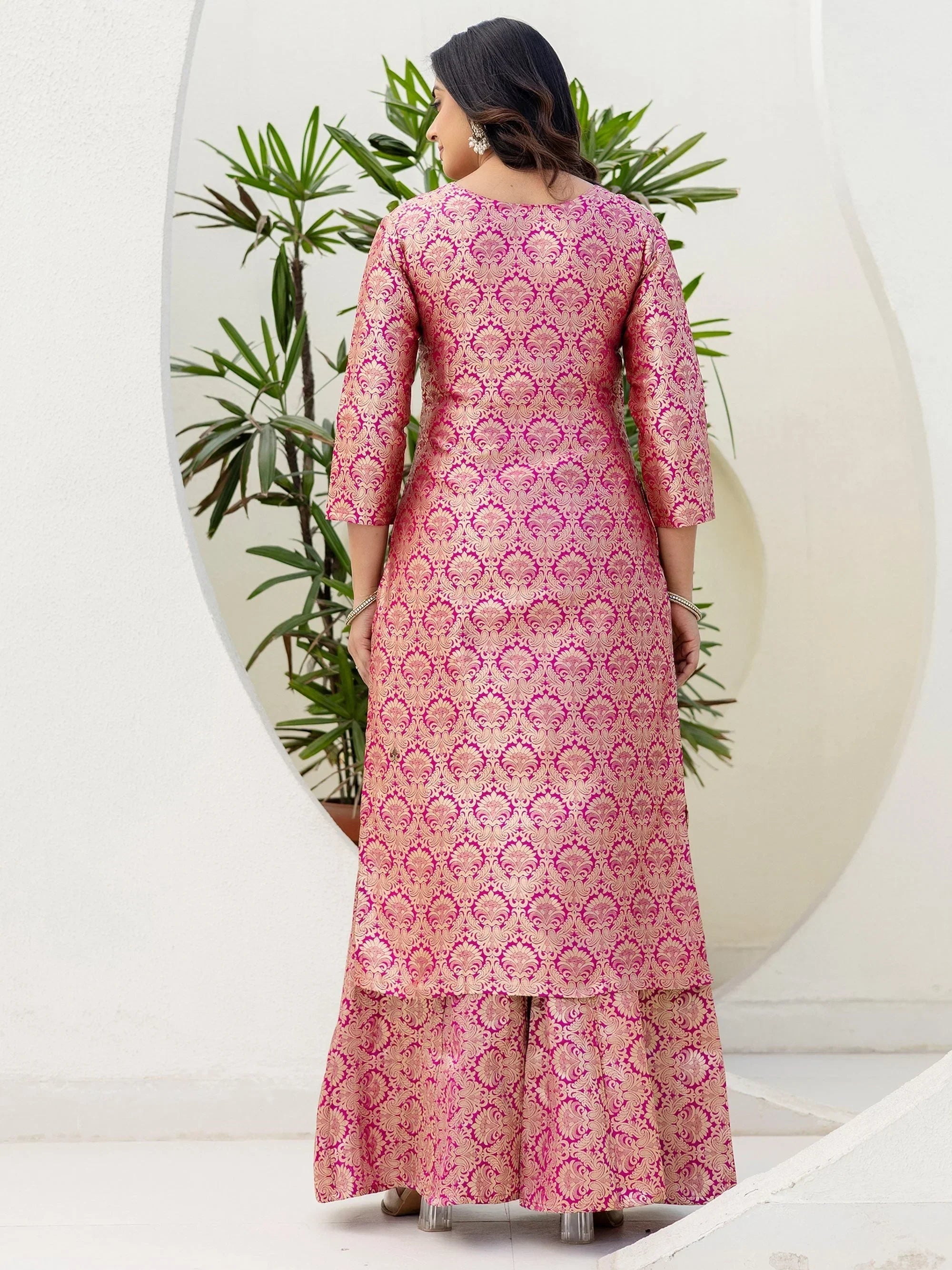 Pink Captivating Zari Weaving Jacquard Festive Wear Palazzo Suit