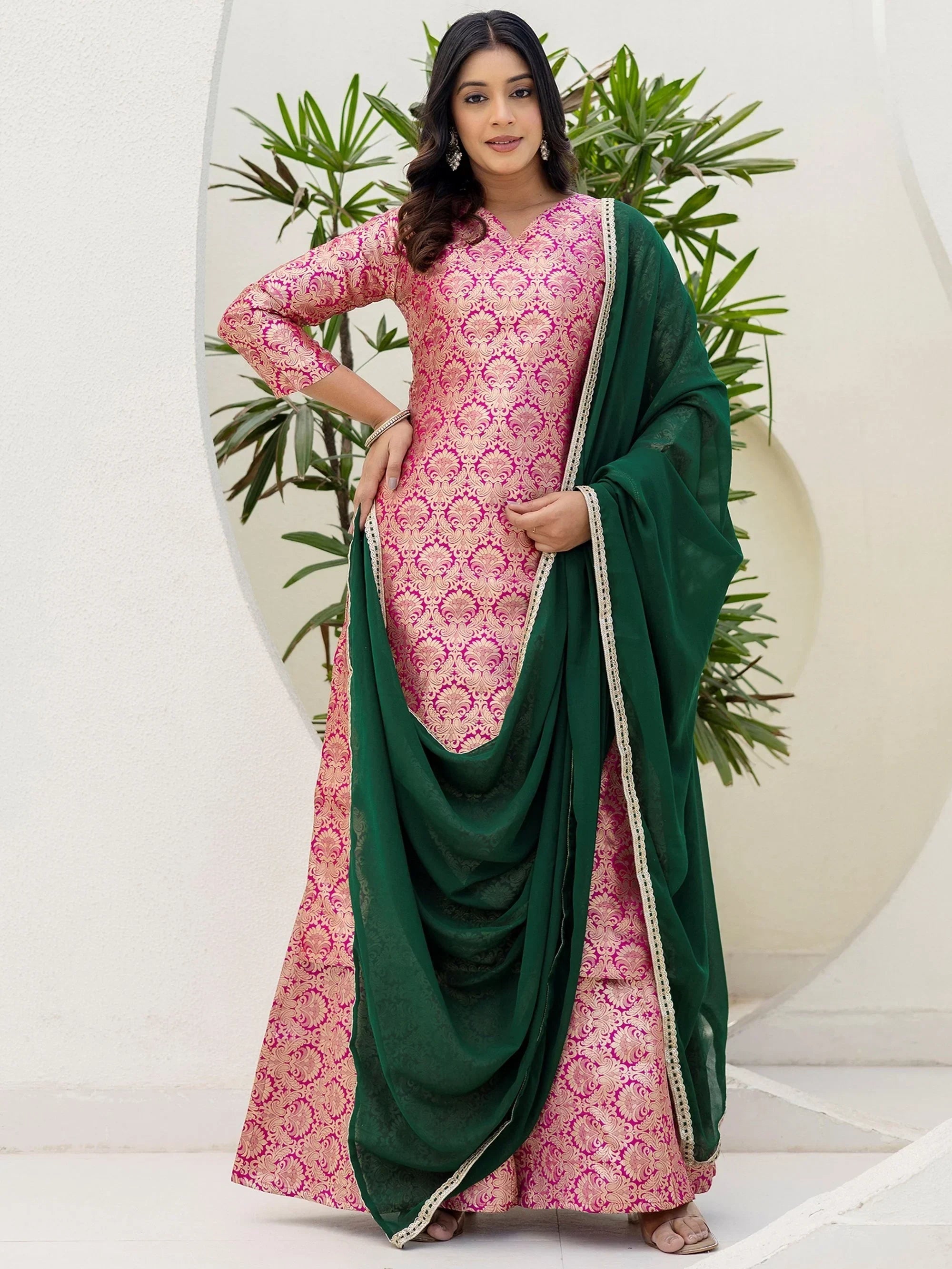 Pink Captivating Zari Weaving Jacquard Festive Wear Palazzo Suit