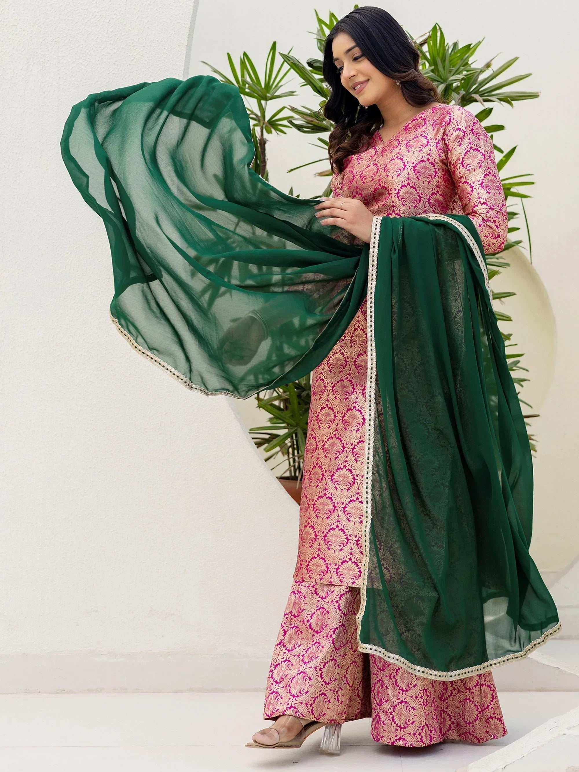Pink Captivating Zari Weaving Jacquard Festive Wear Palazzo Suit