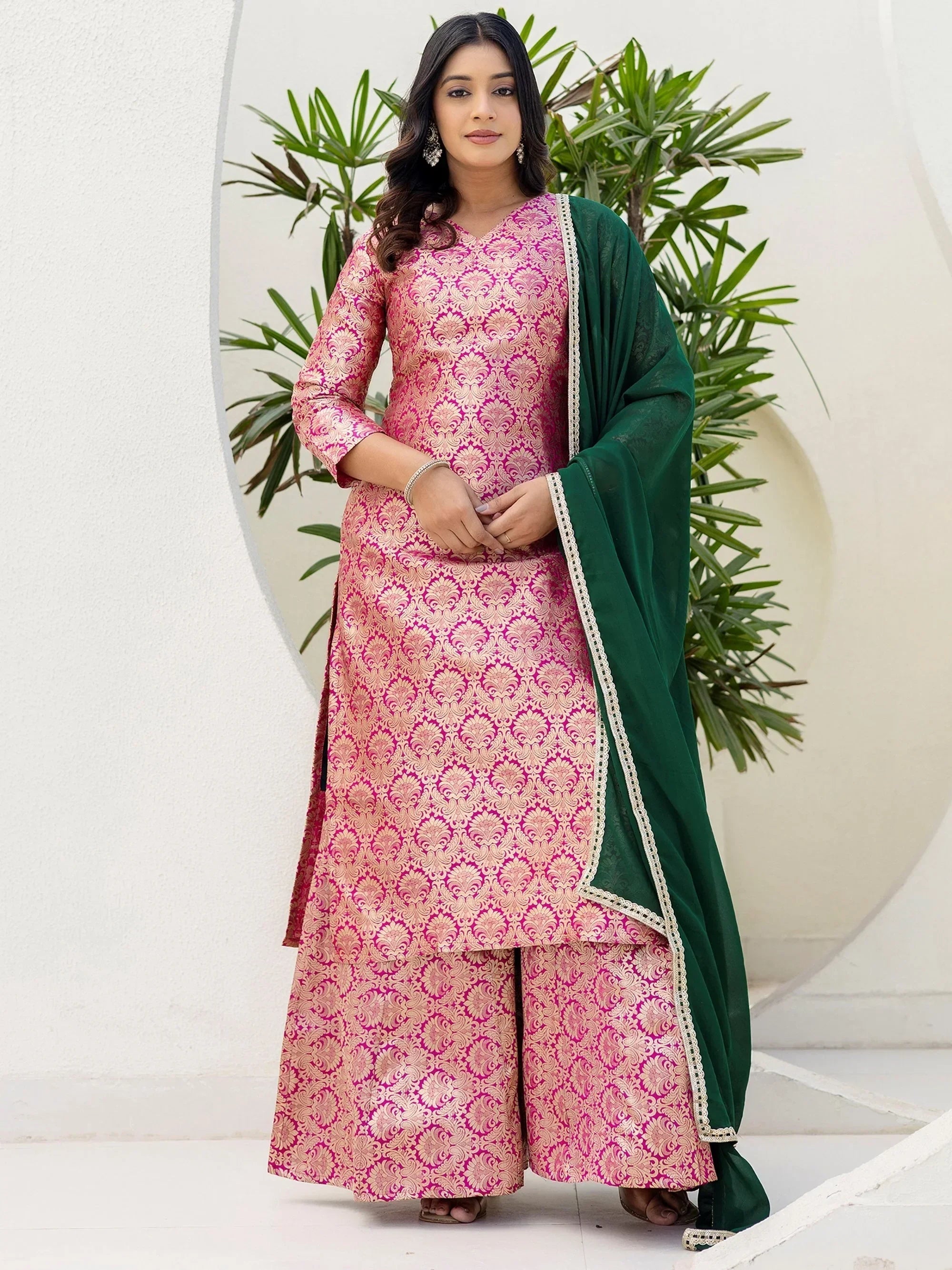 Pink Captivating Zari Weaving Jacquard Festive Wear Palazzo Suit