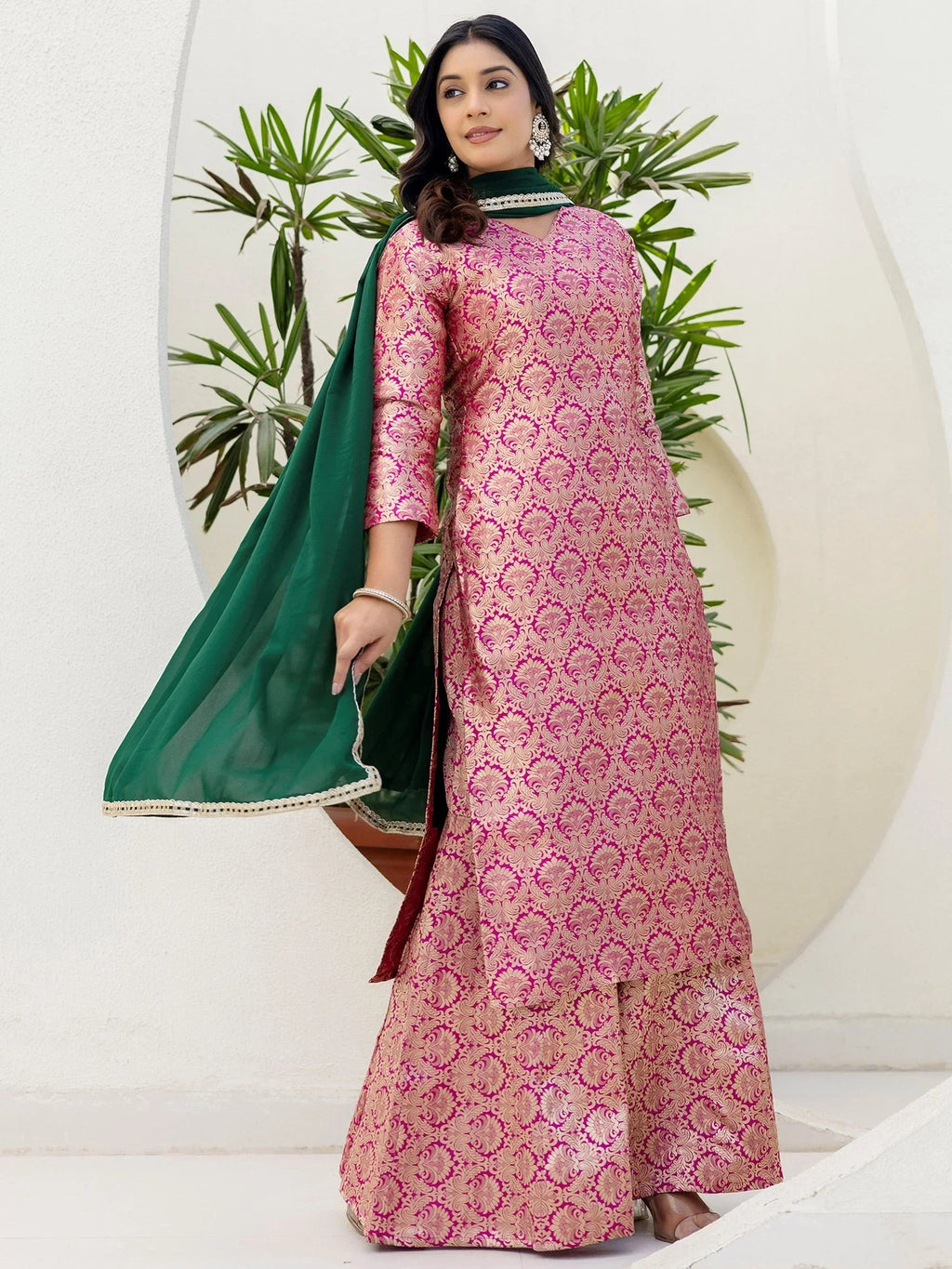Pink Captivating Zari Weaving Jacquard Festive Wear Palazzo Suit