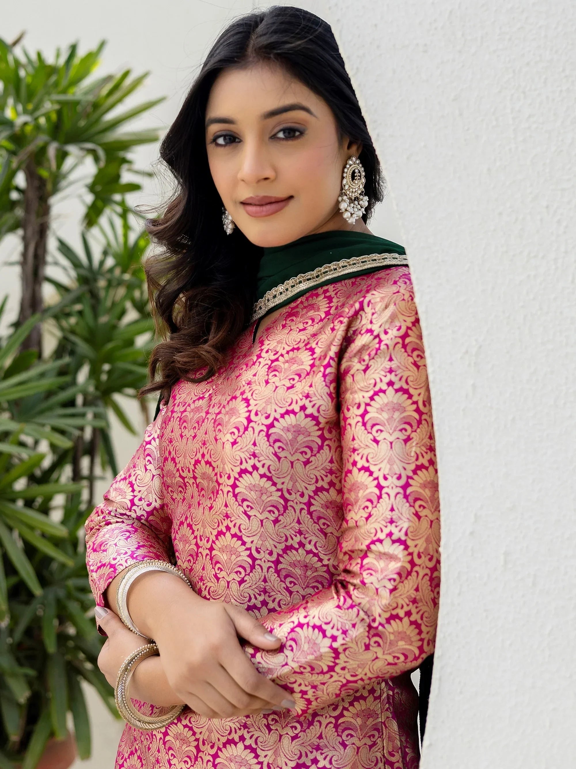 Pink Captivating Zari Weaving Jacquard Festive Wear Palazzo Suit
