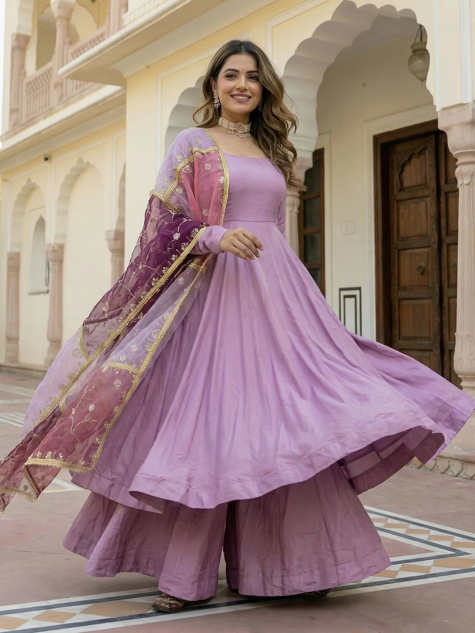 Pink Superb Silk Festive Wear Palazzo Suit With Sequins Dupatta