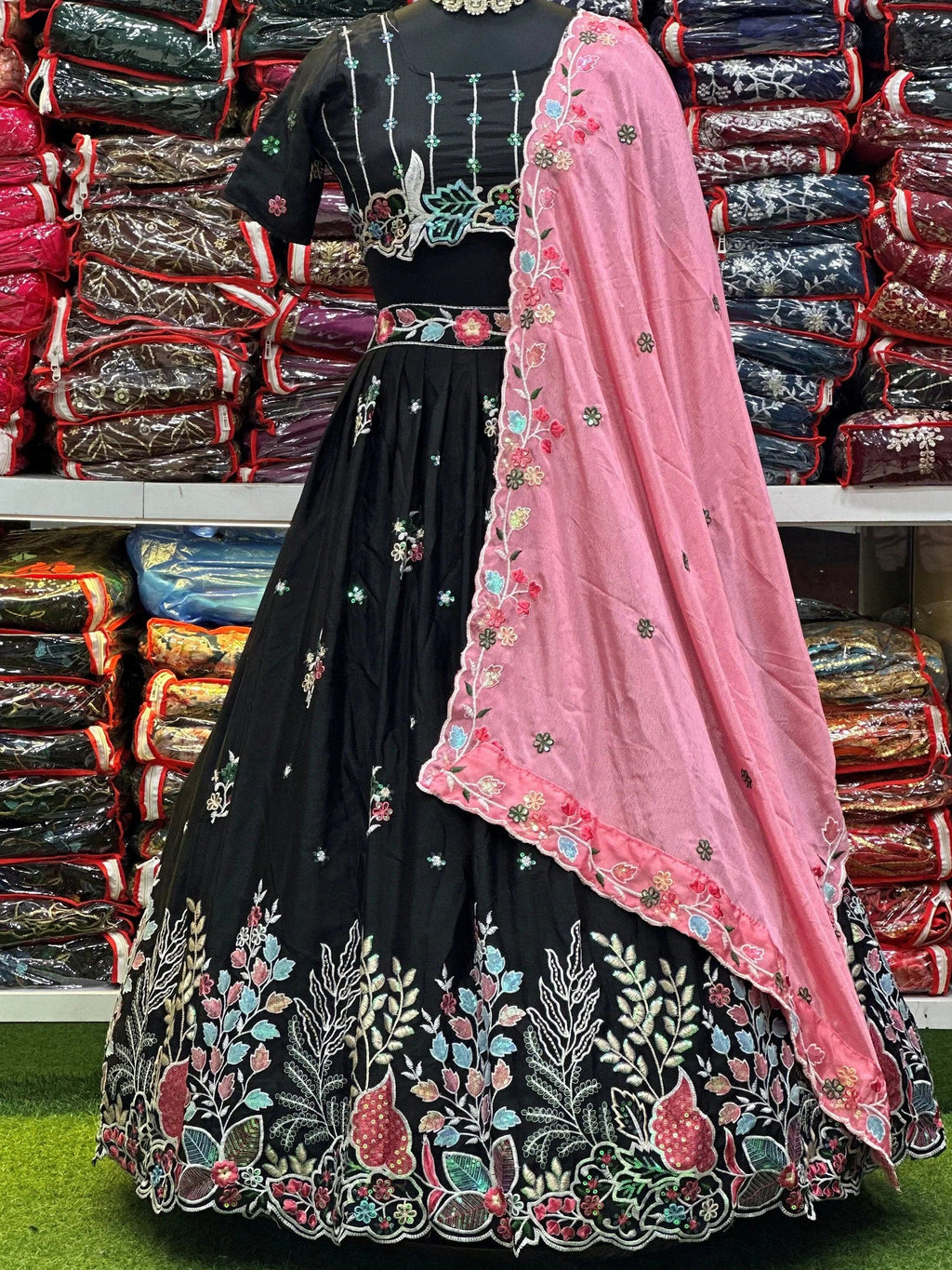 Amazing Black Thread Embroidered Chinon Party Wear Lehenga Choli