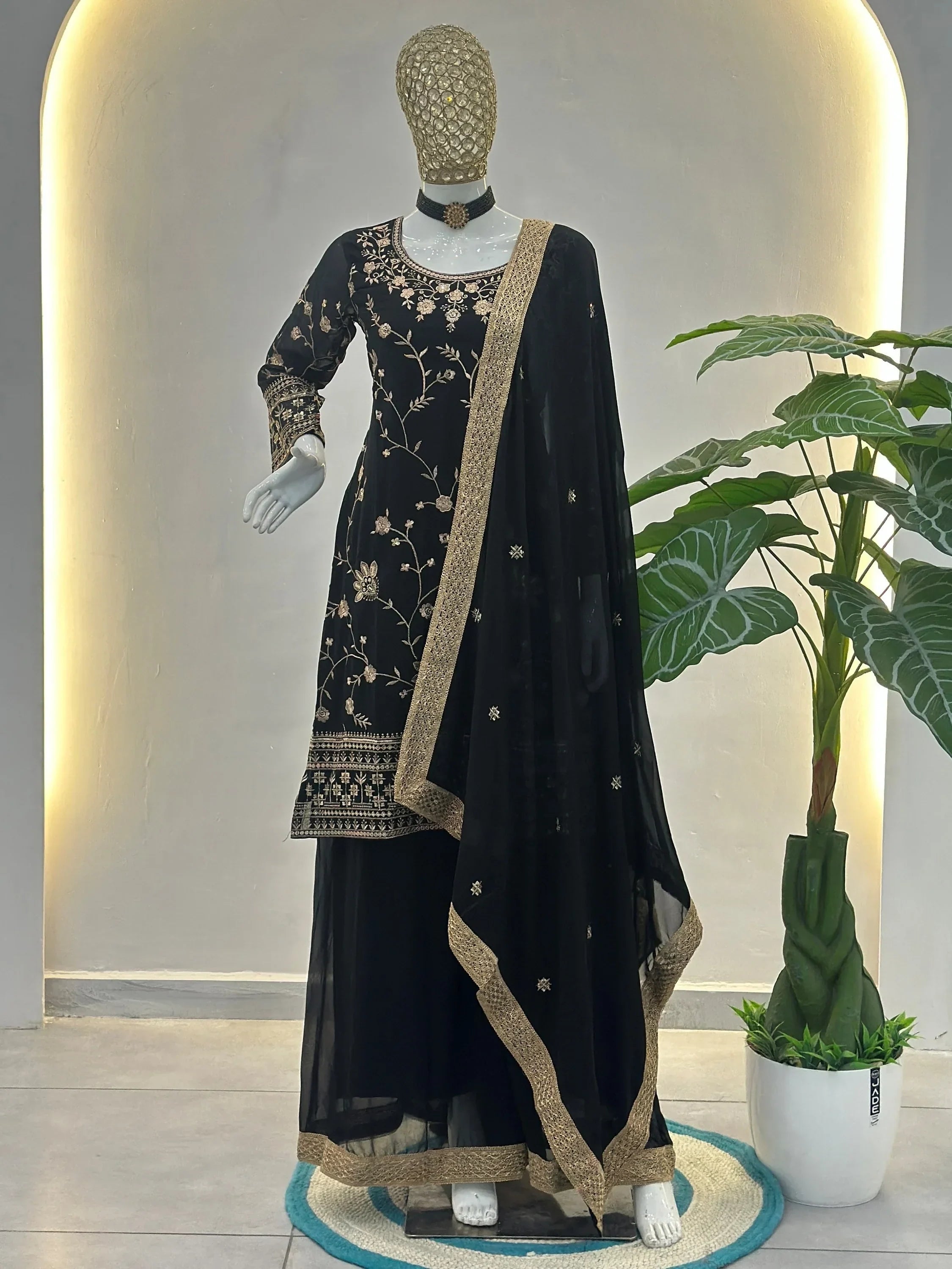 Sparkling Black Embroidered Georgette Festive Wear Palazzo Suit
