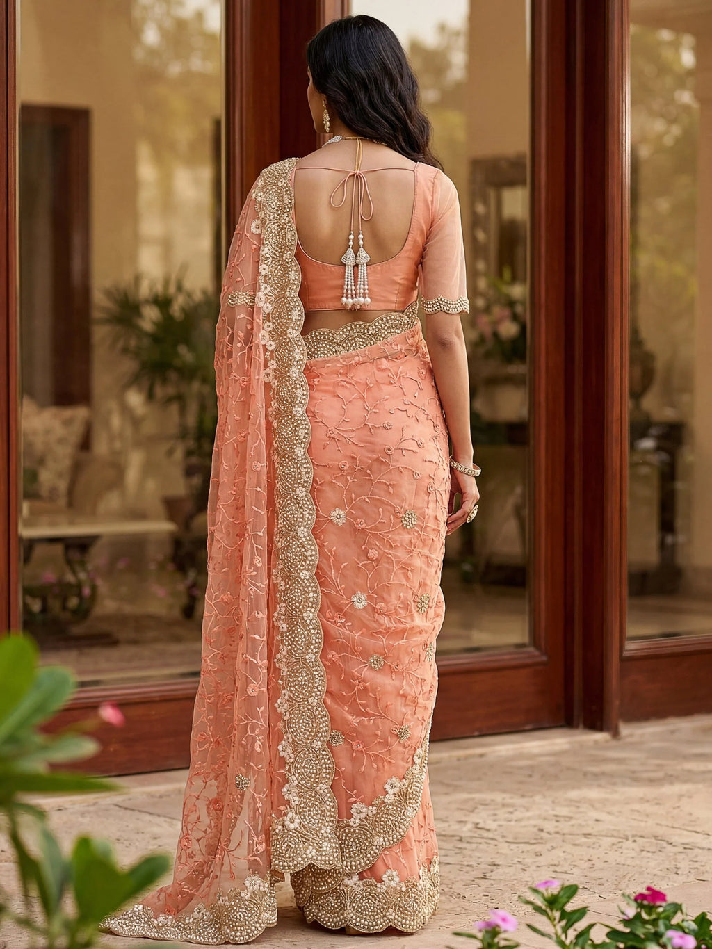 Remarkable Peach Embroidered Net Wedding Wear Saree With Blouse