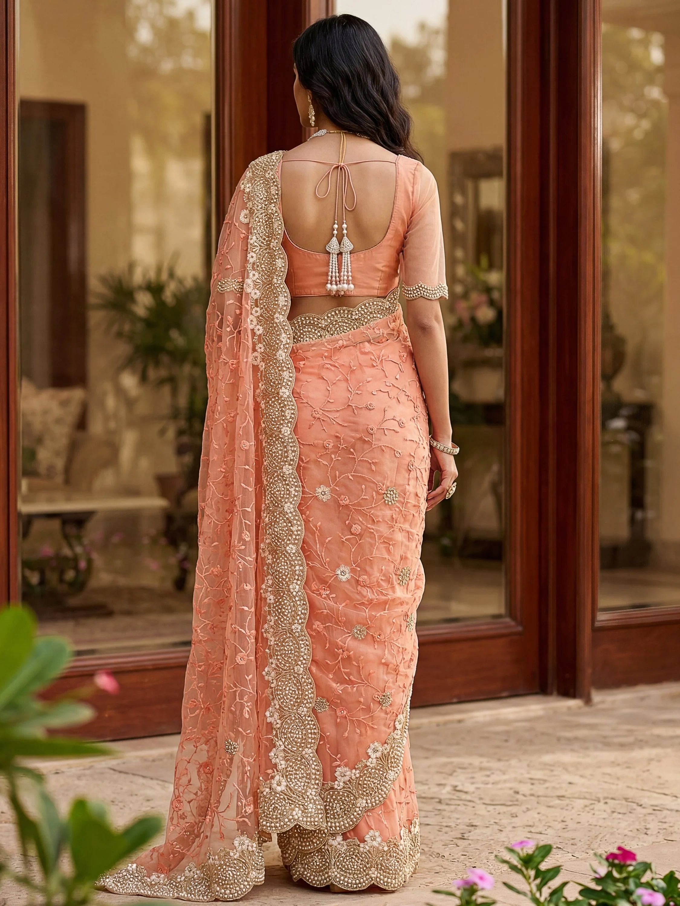 Remarkable Peach Embroidered Net Wedding Wear Saree With Blouse