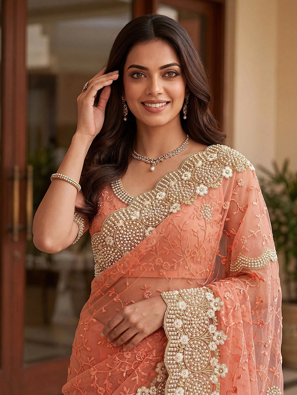 Remarkable Peach Embroidered Net Wedding Wear Saree With Blouse