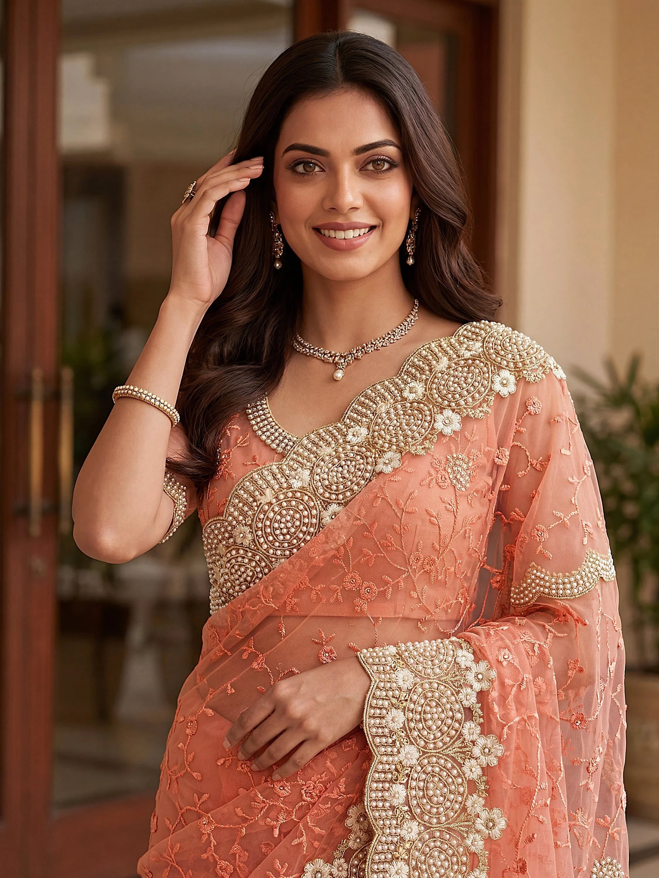 Remarkable Peach Embroidered Net Wedding Wear Saree With Blouse