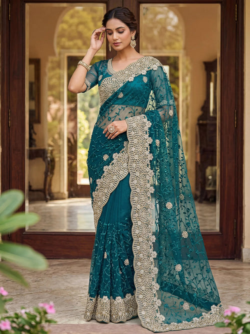 Amazing Teal Green Net Pearl Work Engagement Wear Saree With Blouse