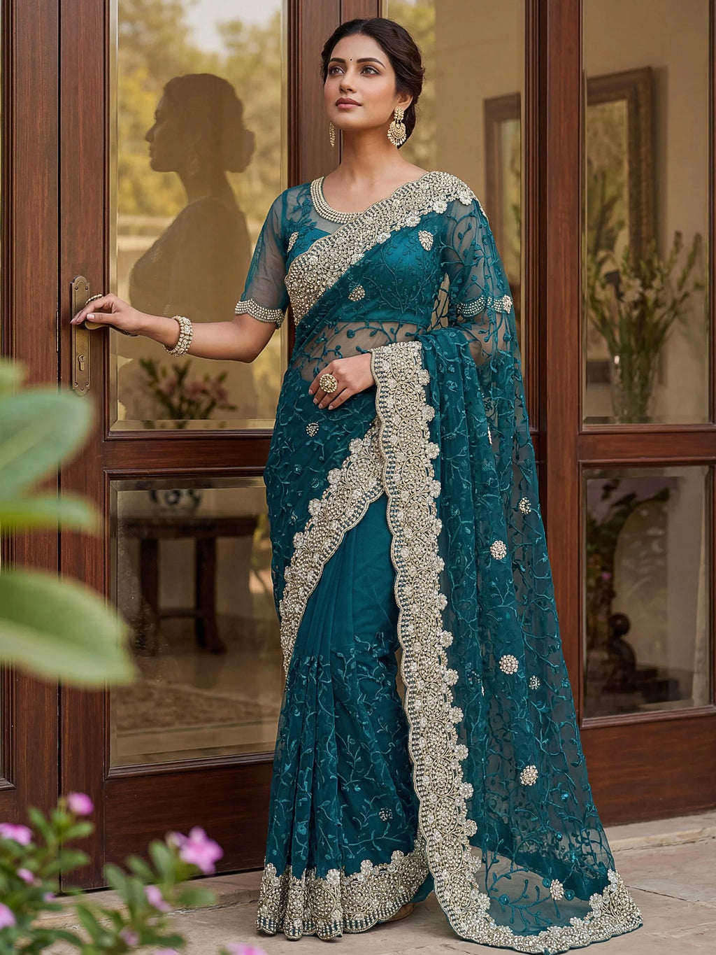 Amazing Teal Green Net Pearl Work Engagement Wear Saree With Blouse