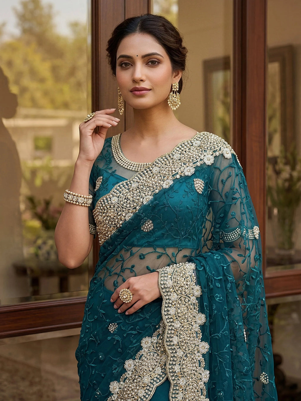 Amazing Teal Green Net Pearl Work Engagement Wear Saree With Blouse