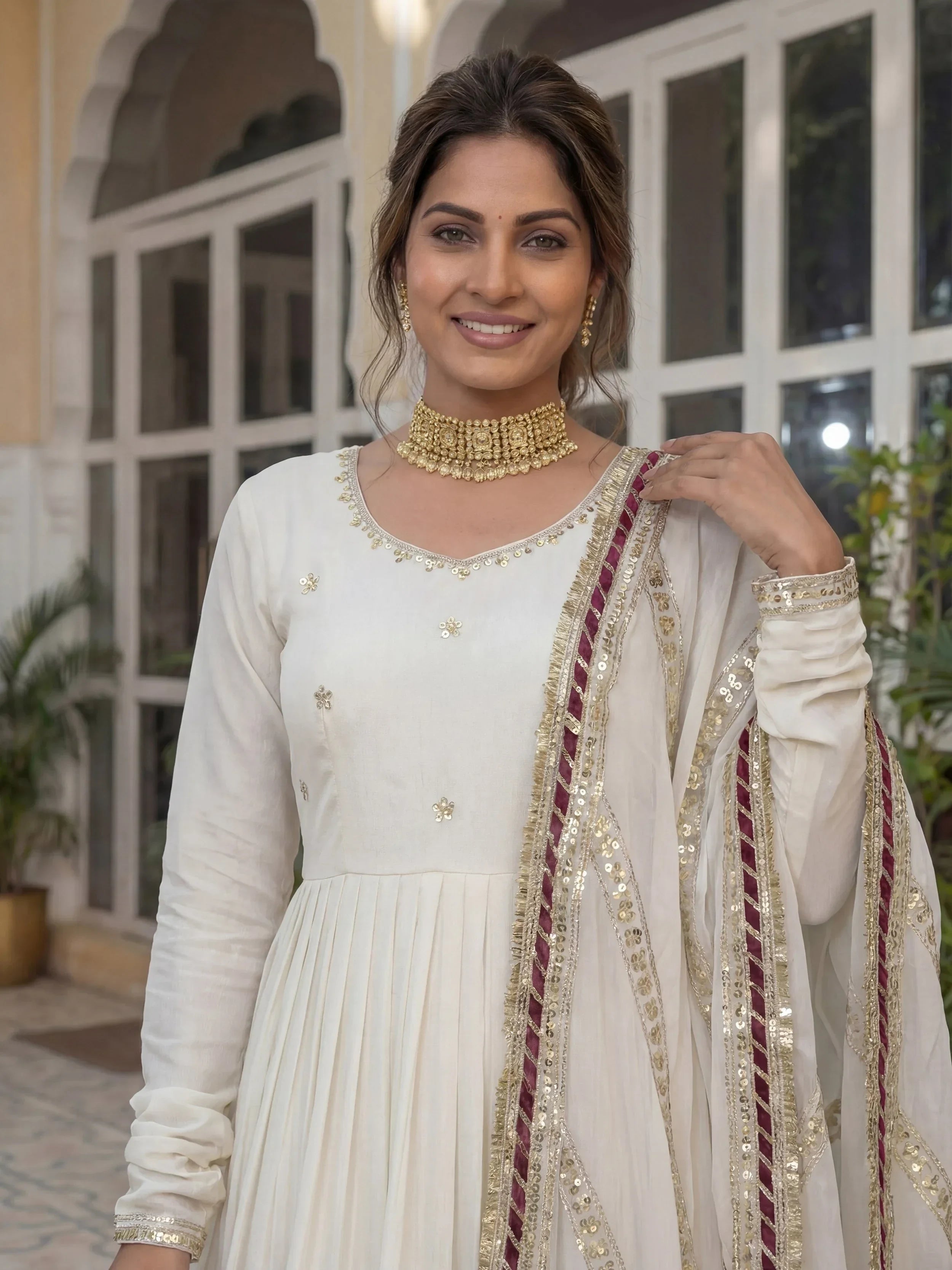 Gorgeous Off-White Embroidered Silk Wedding Wear Gown With Dupatta