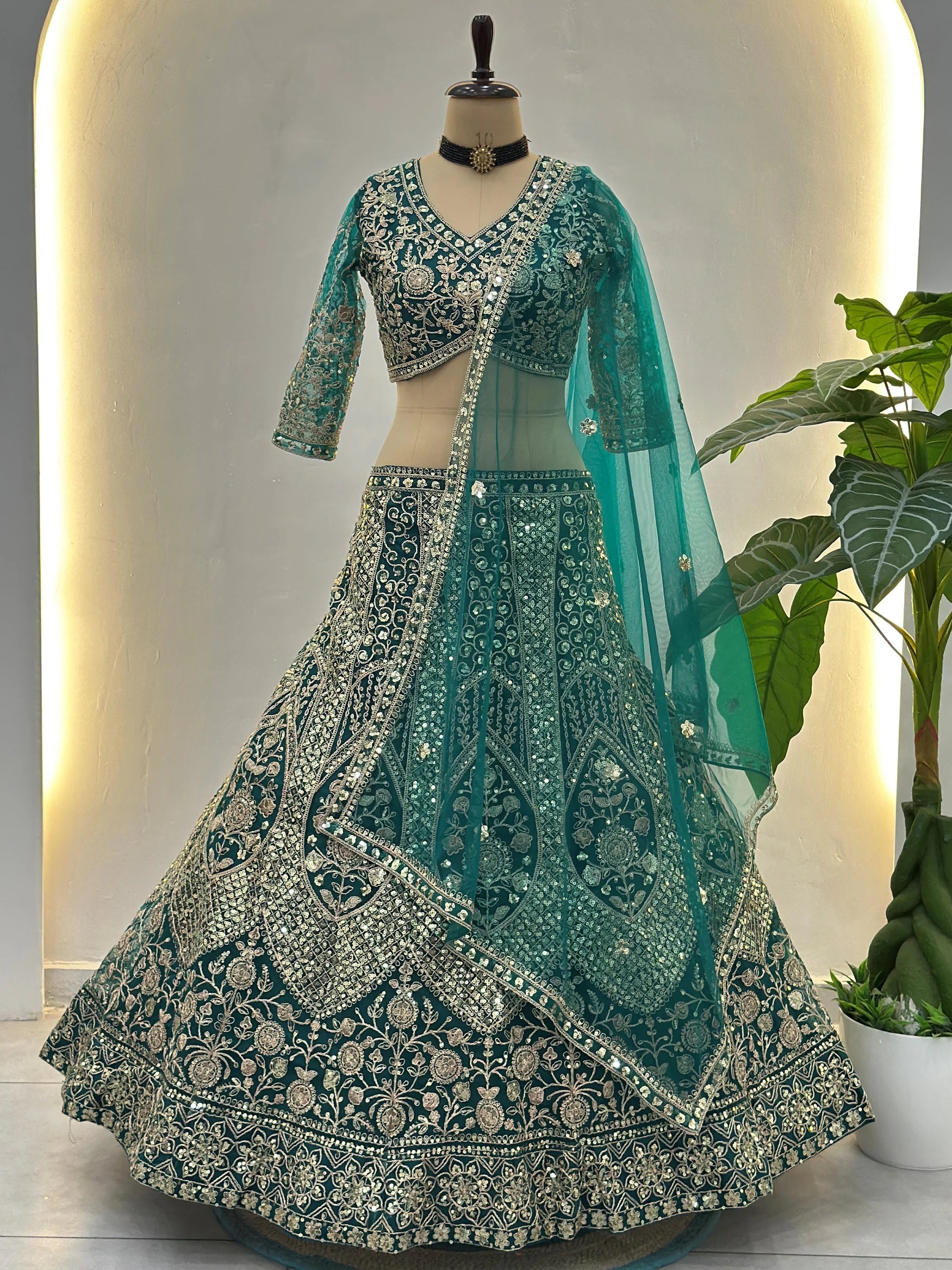Sea Green Notable Sea Sequins Net Reception Wear Lehenga Choli