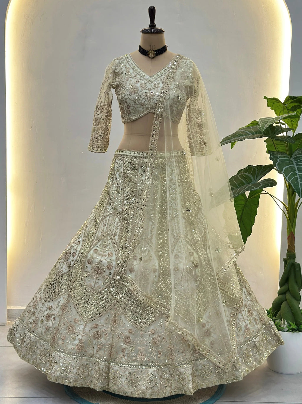White Notable Sea Sequins Net Reception Wear Lehenga Choli