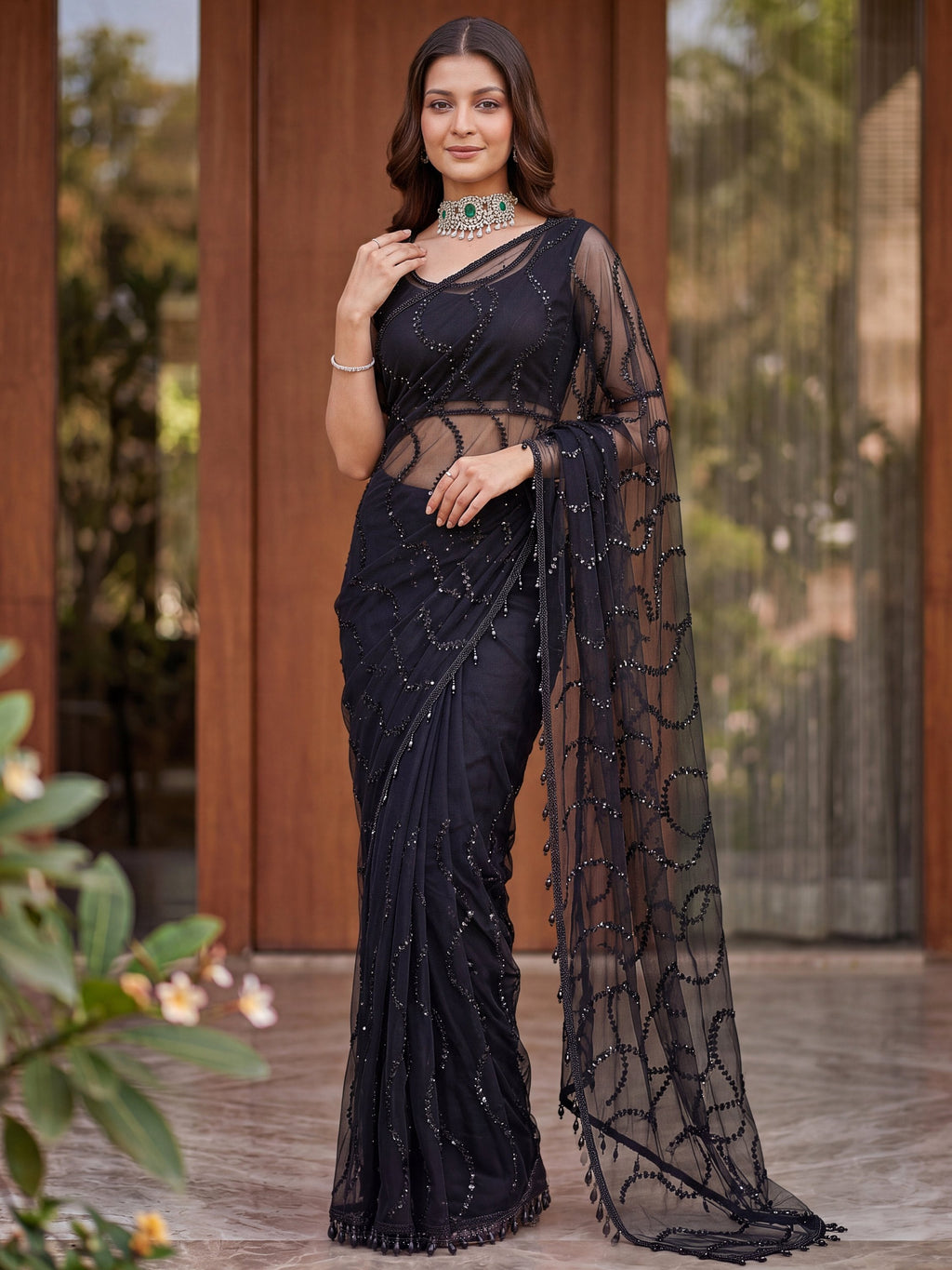 Black Net Saree with Magnetic Sequins for Engagement, Evening & Party
