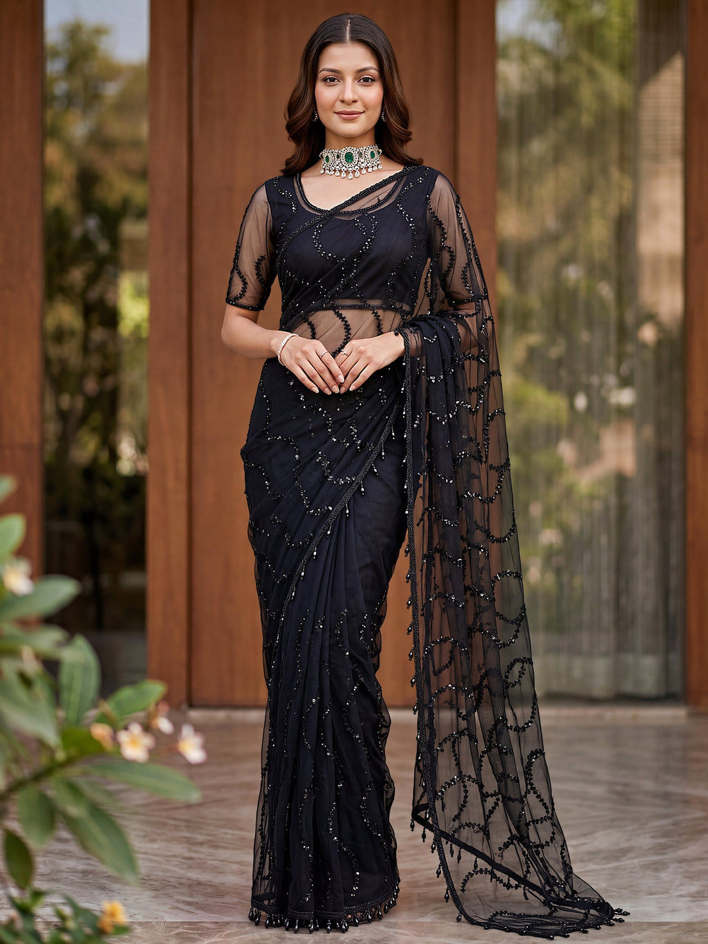 Black Net Saree with Magnetic Sequins for Engagement, Evening & Party