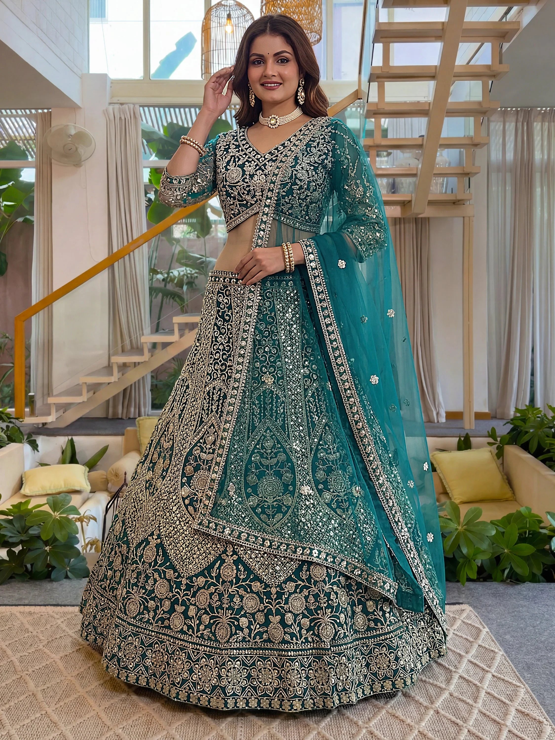 Sea Green Notable Sea Sequins Net Reception Wear Lehenga Choli