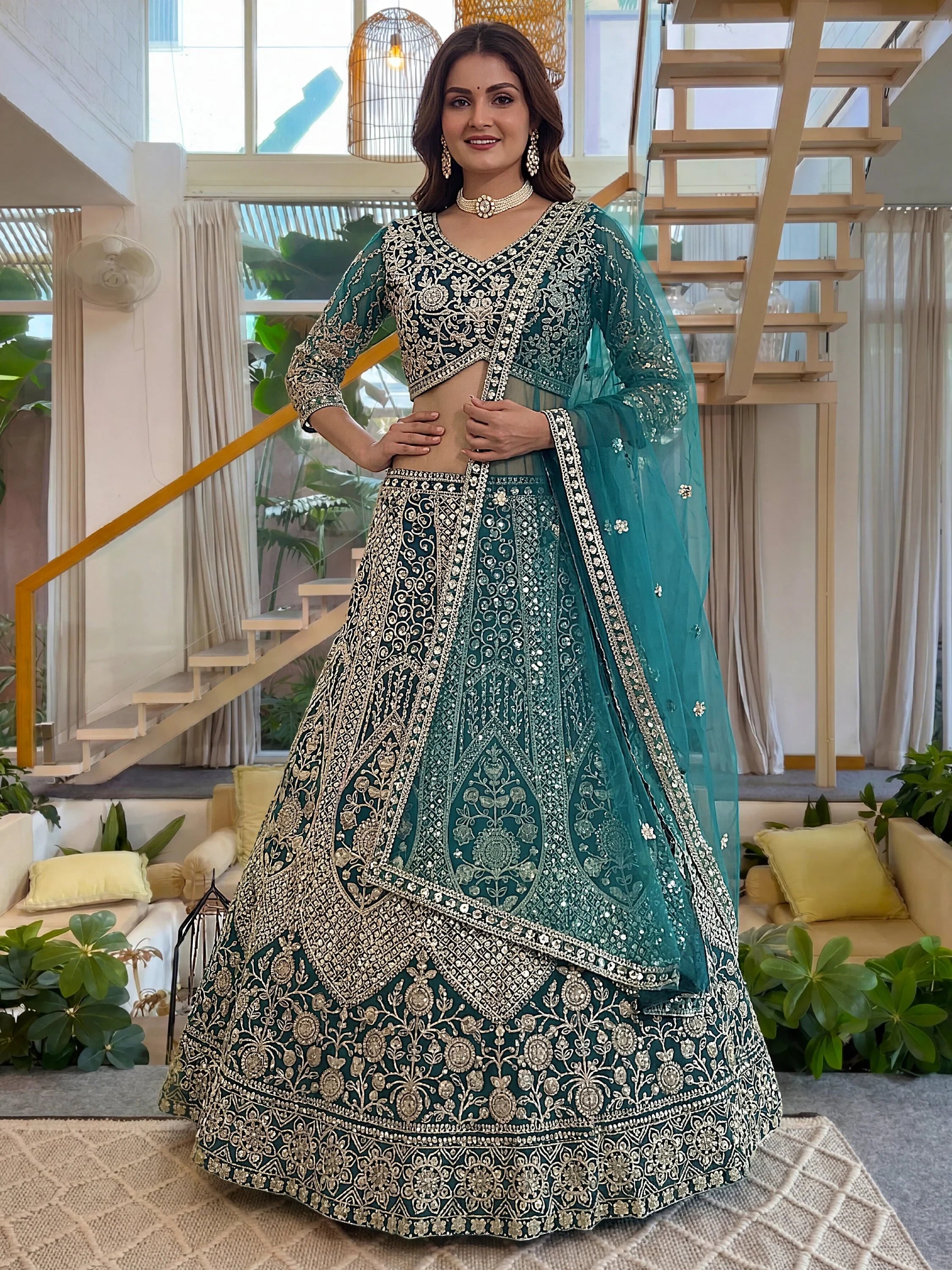 Sea Green Notable Sea Sequins Net Reception Wear Lehenga Choli