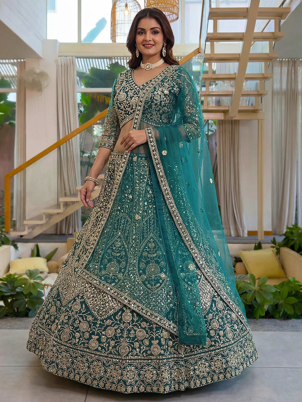 Sea Green Notable Sea Sequins Net Reception Wear Lehenga Choli