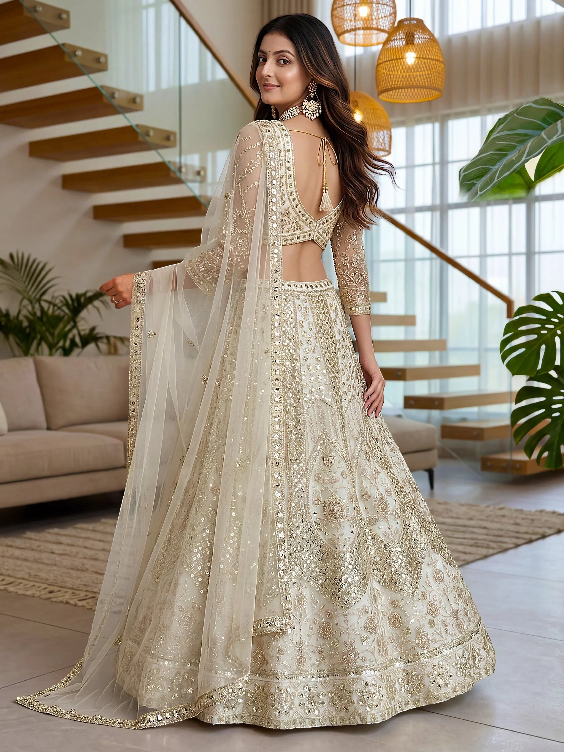 White Notable Sea Sequins Net Reception Wear Lehenga Choli