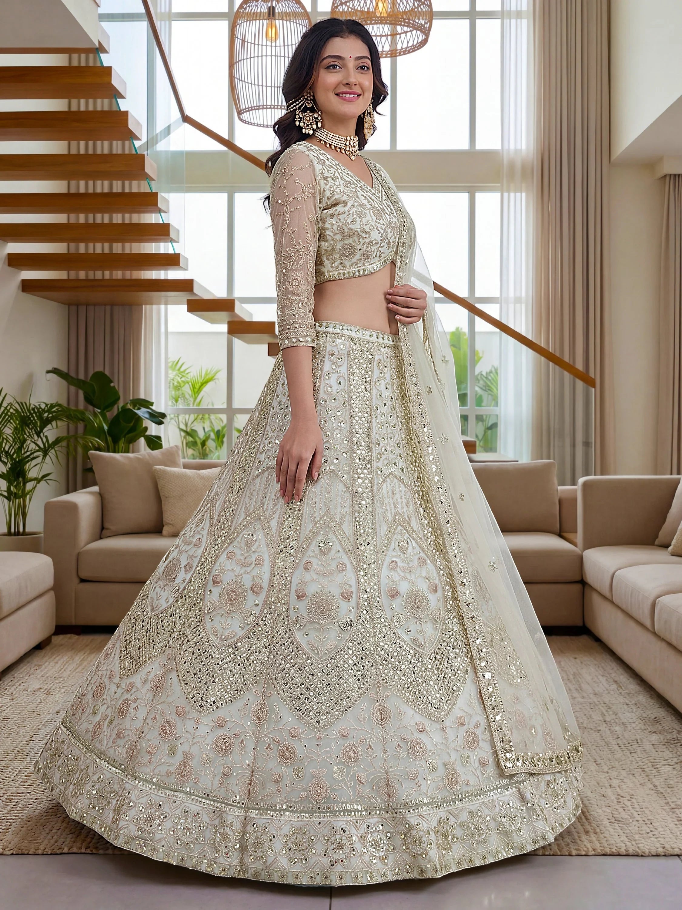 White Notable Sea Sequins Net Reception Wear Lehenga Choli
