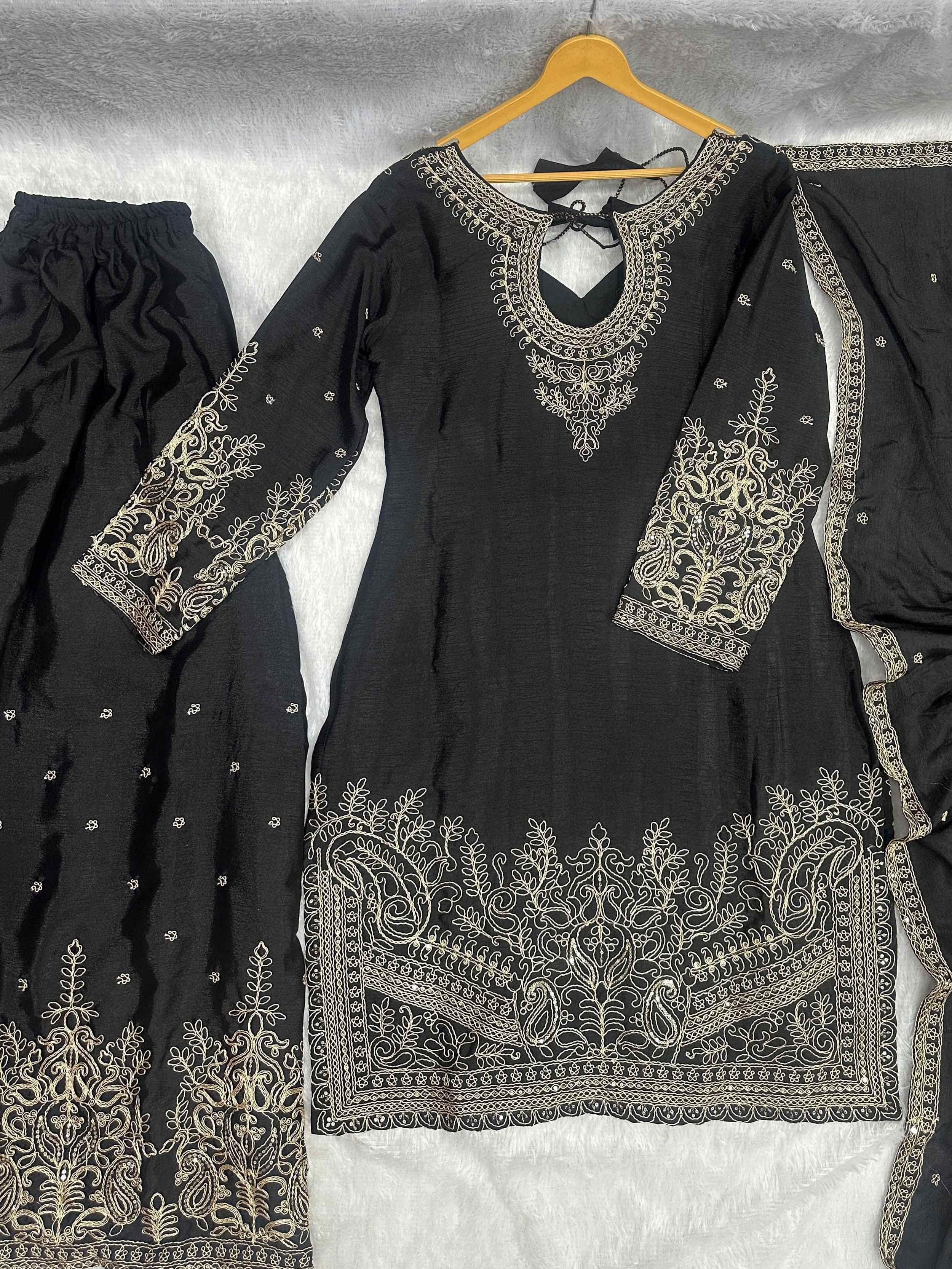 Black Incredible Embroidered Chinon Festival Wear Palazzo Suit
