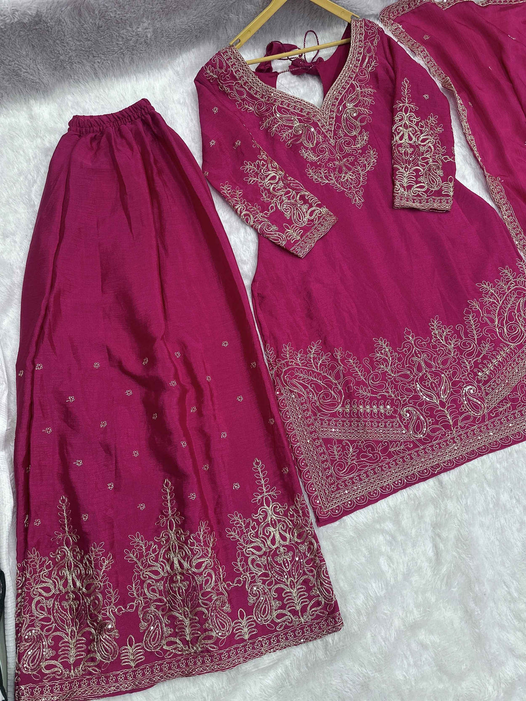 Pink Incredible Embroidered Chinon Festival Wear Palazzo Suit