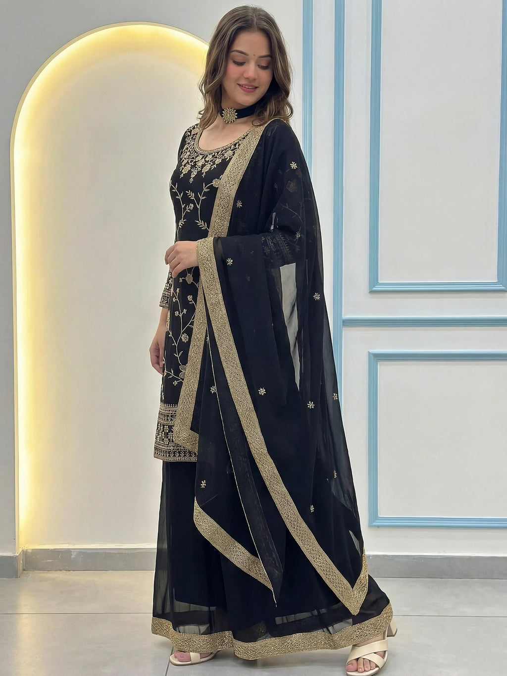 Sparkling Black Embroidered Georgette Festive Wear Palazzo Suit