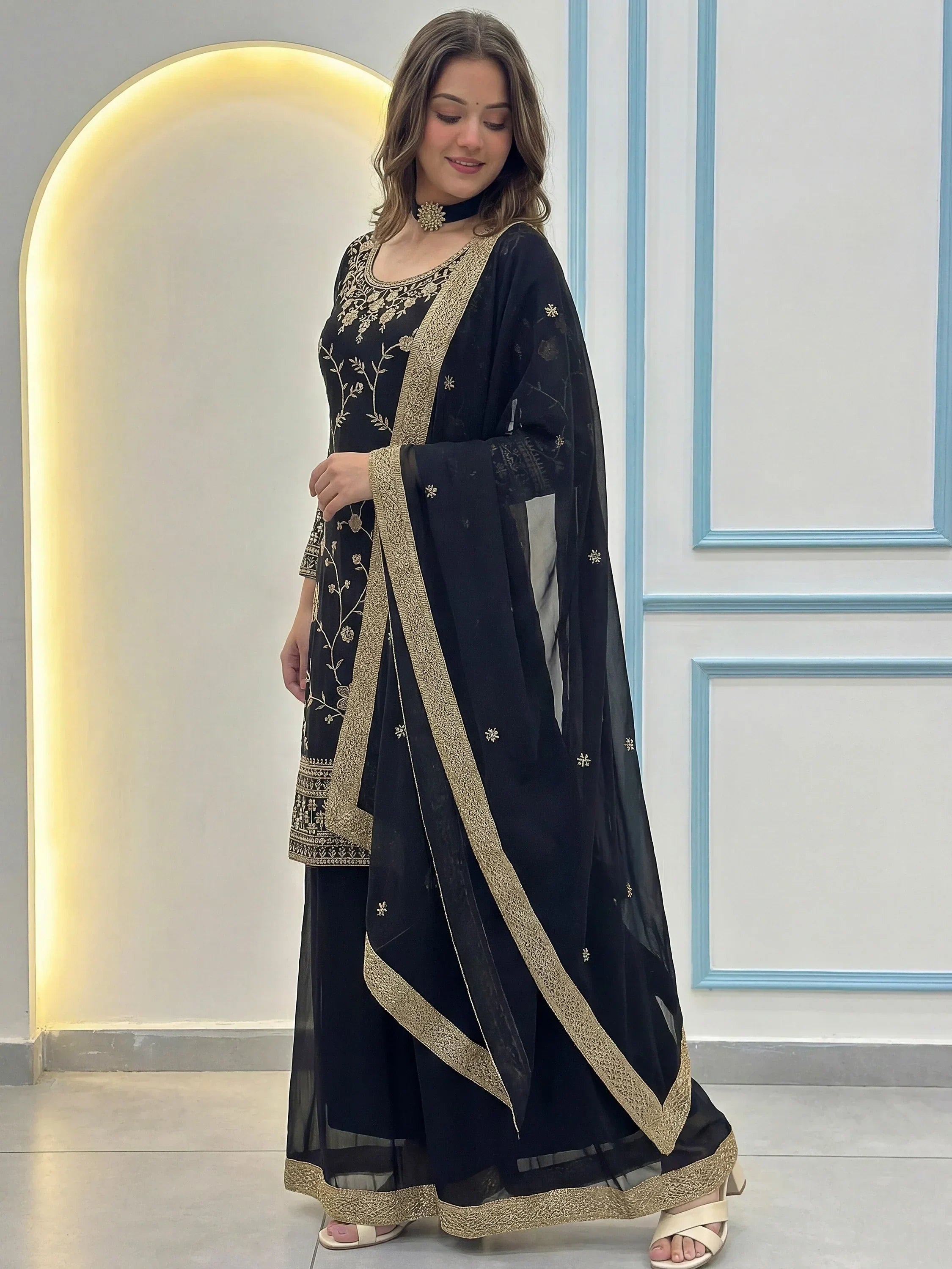 Sparkling Black Embroidered Georgette Festive Wear Palazzo Suit