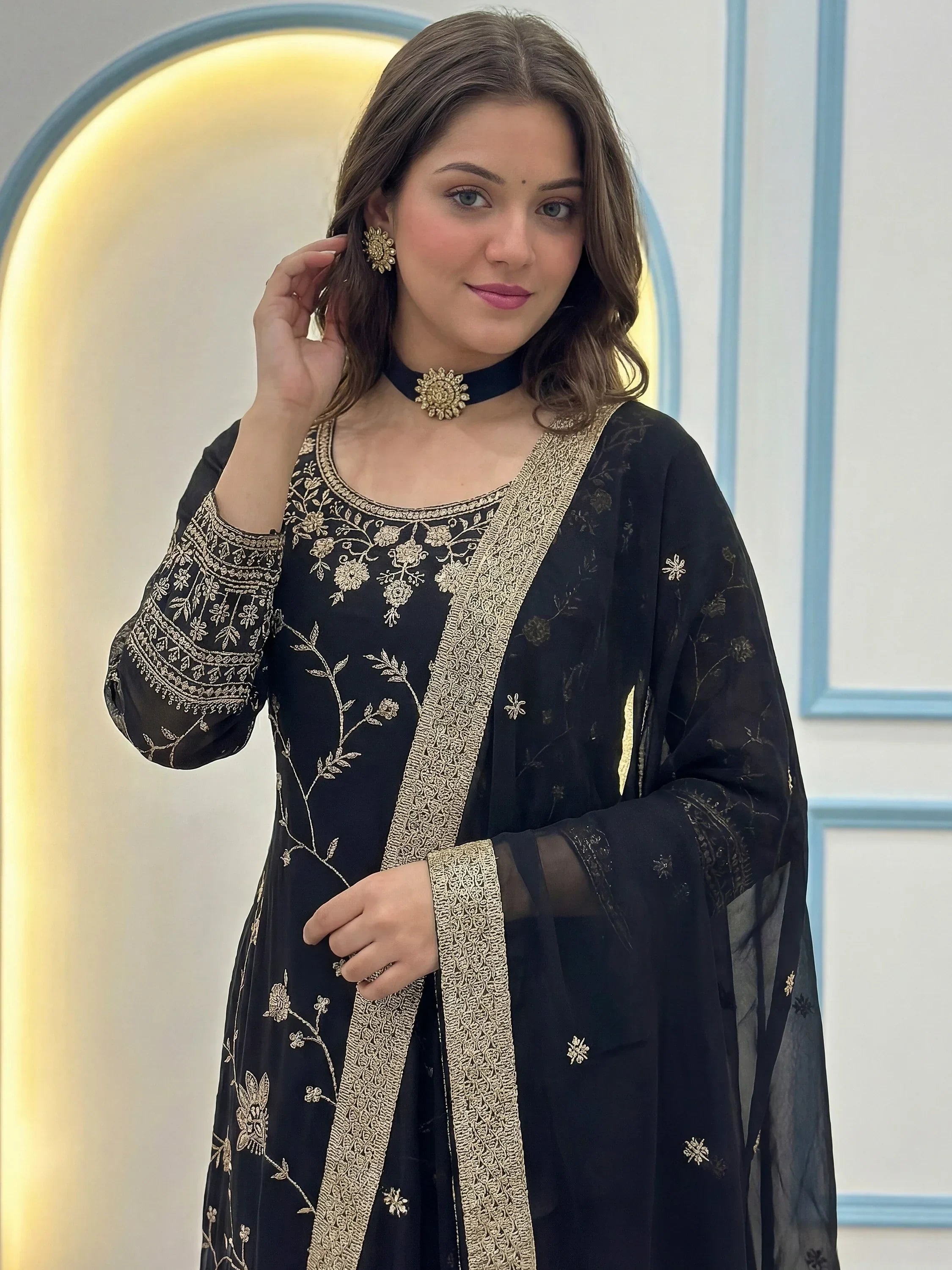 Sparkling Black Embroidered Georgette Festive Wear Palazzo Suit