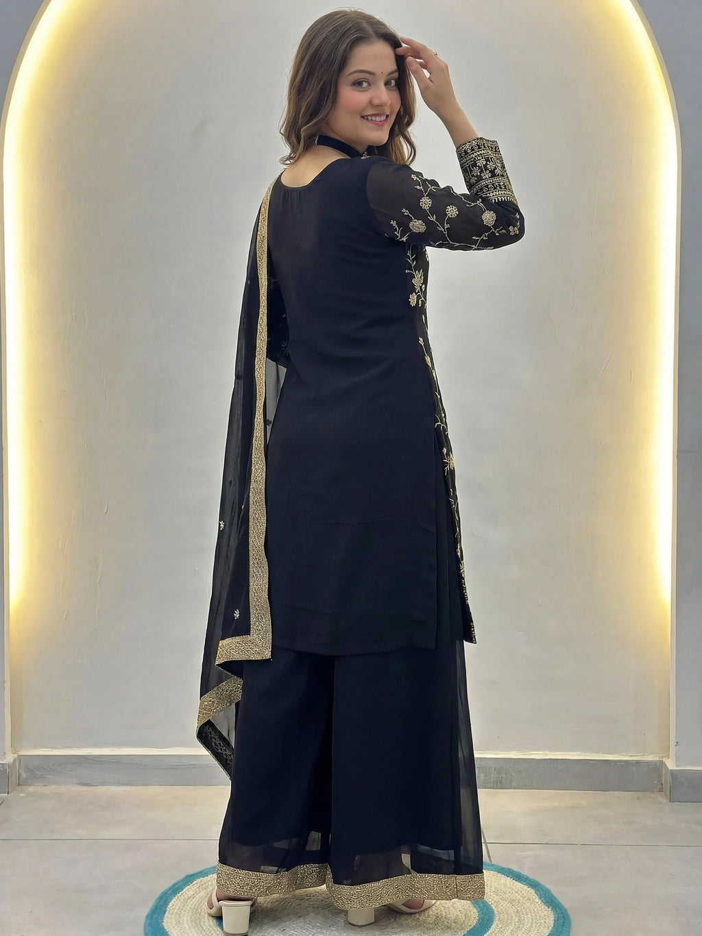 Sparkling Black Embroidered Georgette Festive Wear Palazzo Suit