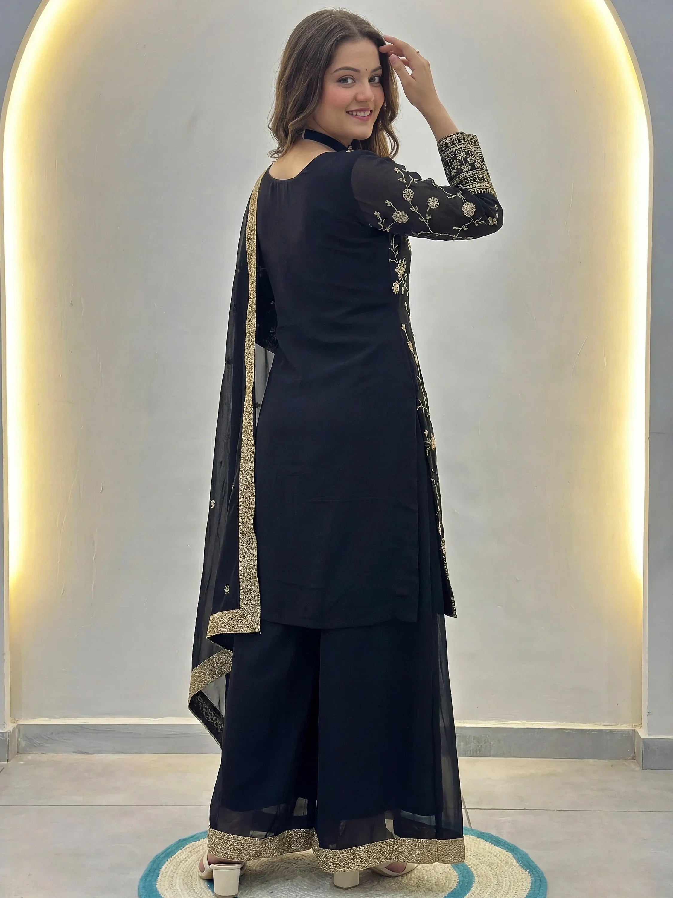 Sparkling Black Embroidered Georgette Festive Wear Palazzo Suit
