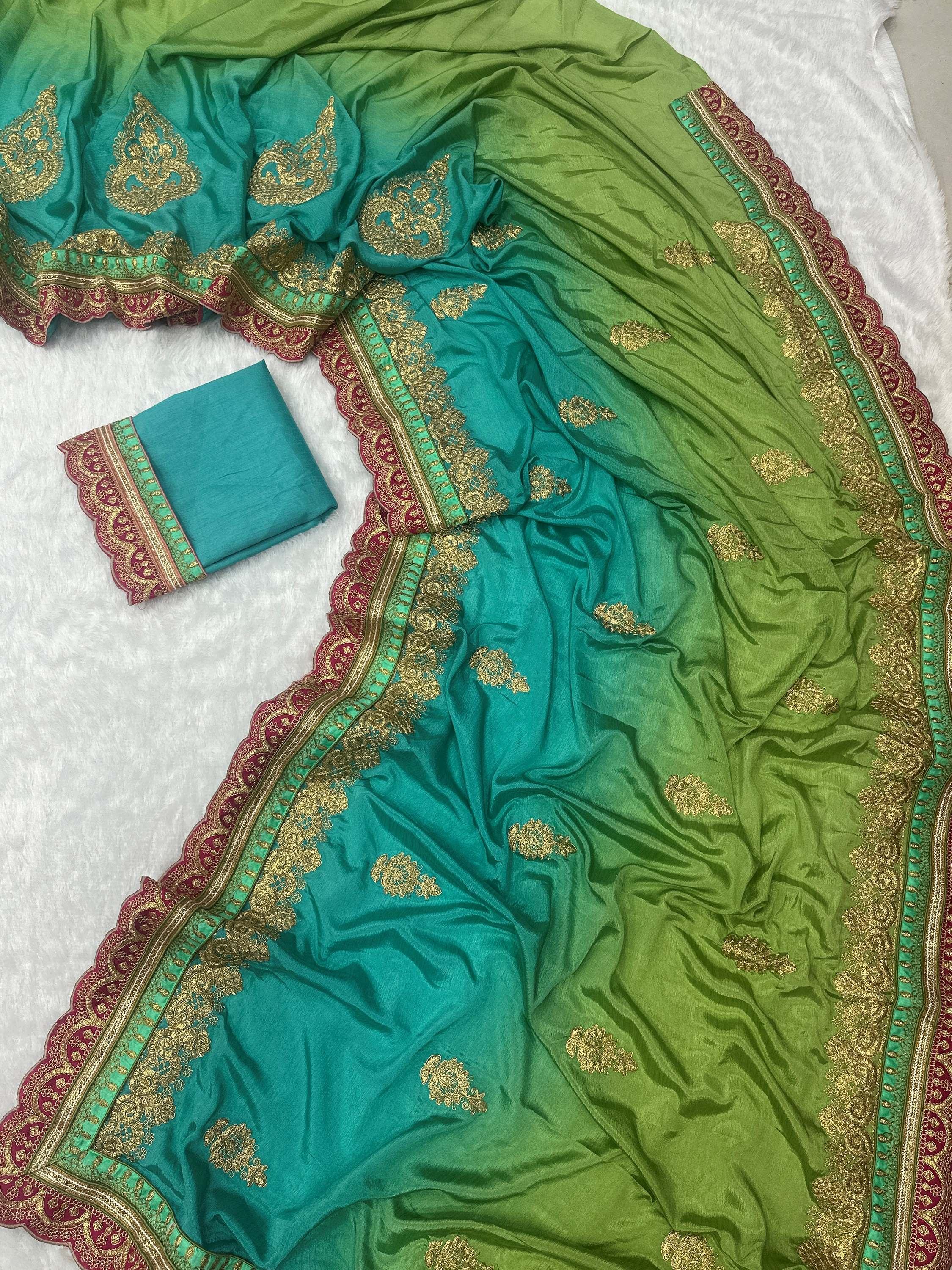 Green Fabulous Coding Work Chinon Wedding Wear Saree With Blouse