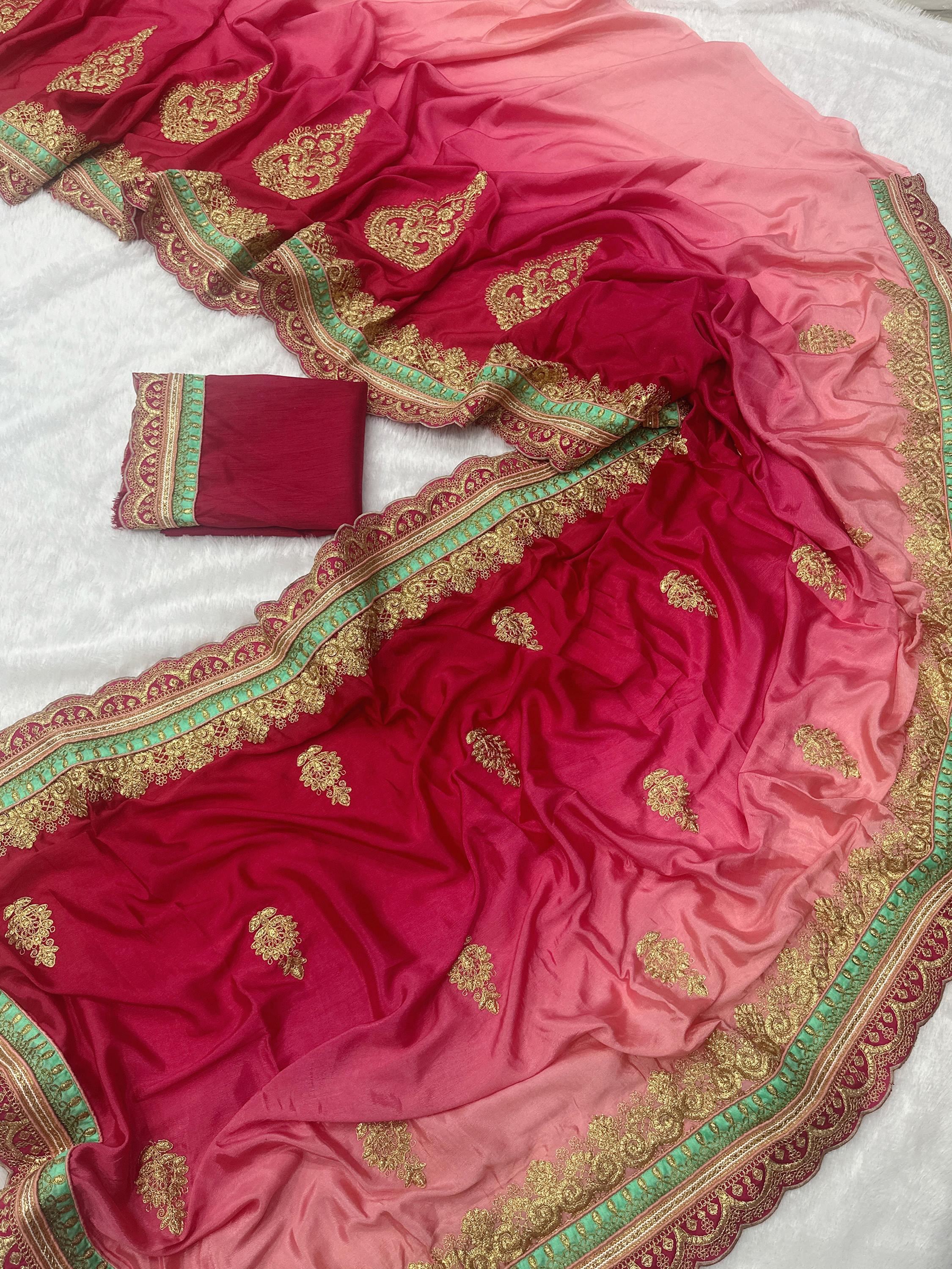 Red Fabulous Coding Work Chinon Wedding Wear Saree With Blouse