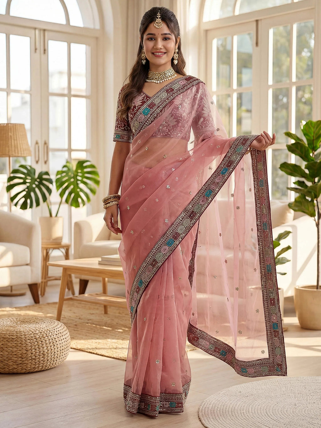 Attractive Pink Embroidery Organza Party Wear Saree With Blouse