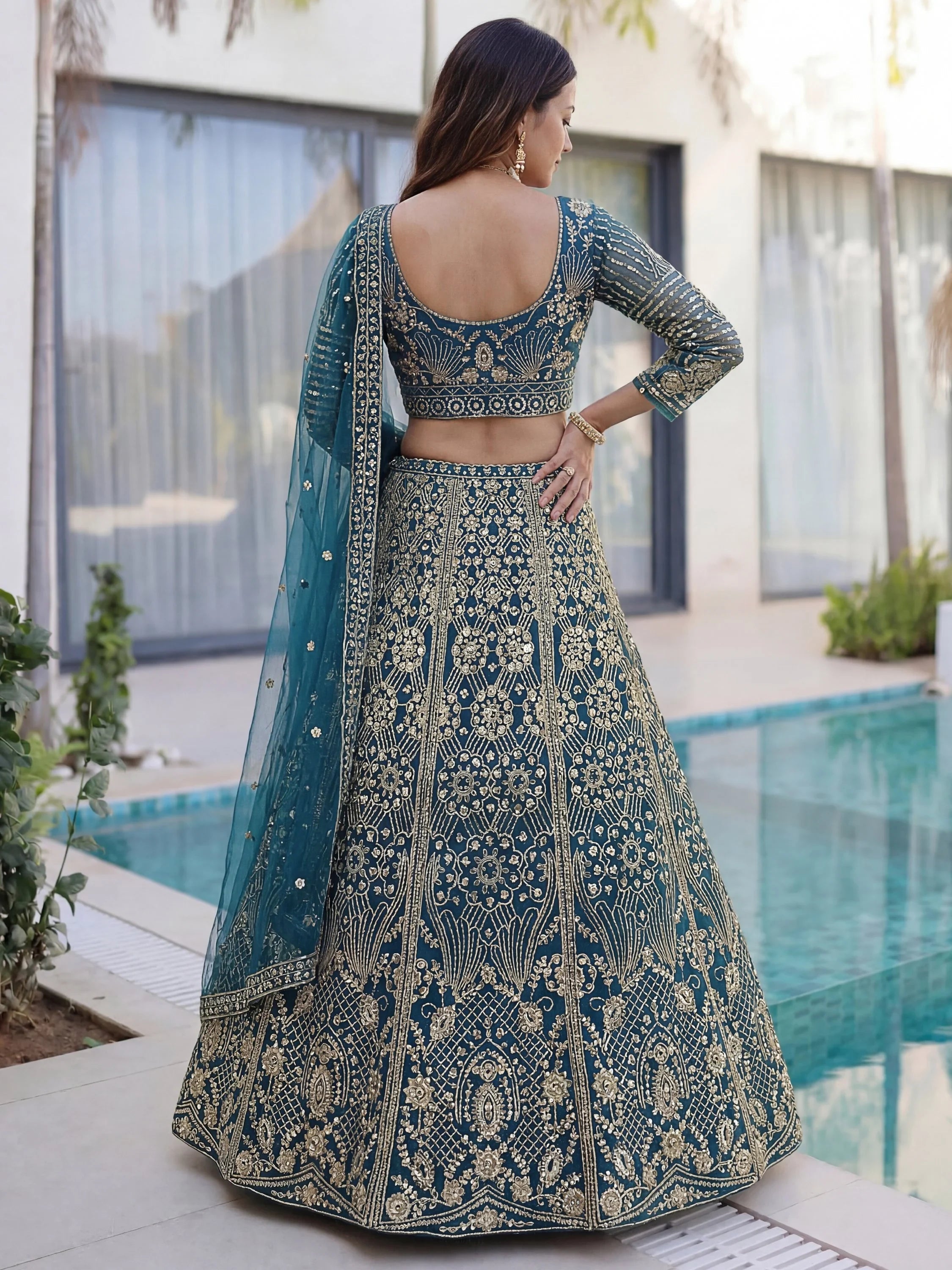 Teal Gorgeous Sequins Net Evening Wear Lehenga Choli With Dupatta