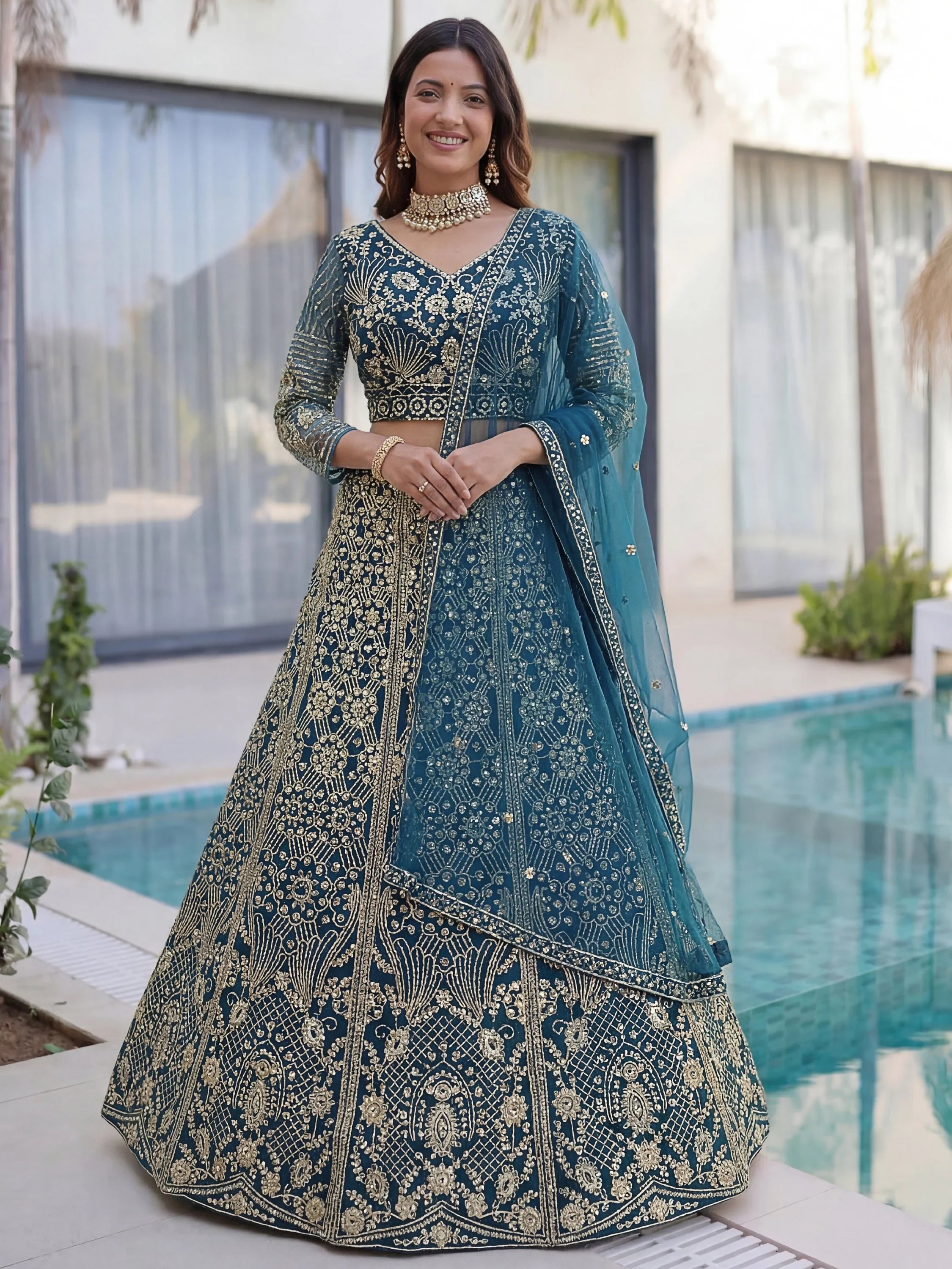 Teal Gorgeous Sequins Net Evening Wear Lehenga Choli With Dupatta