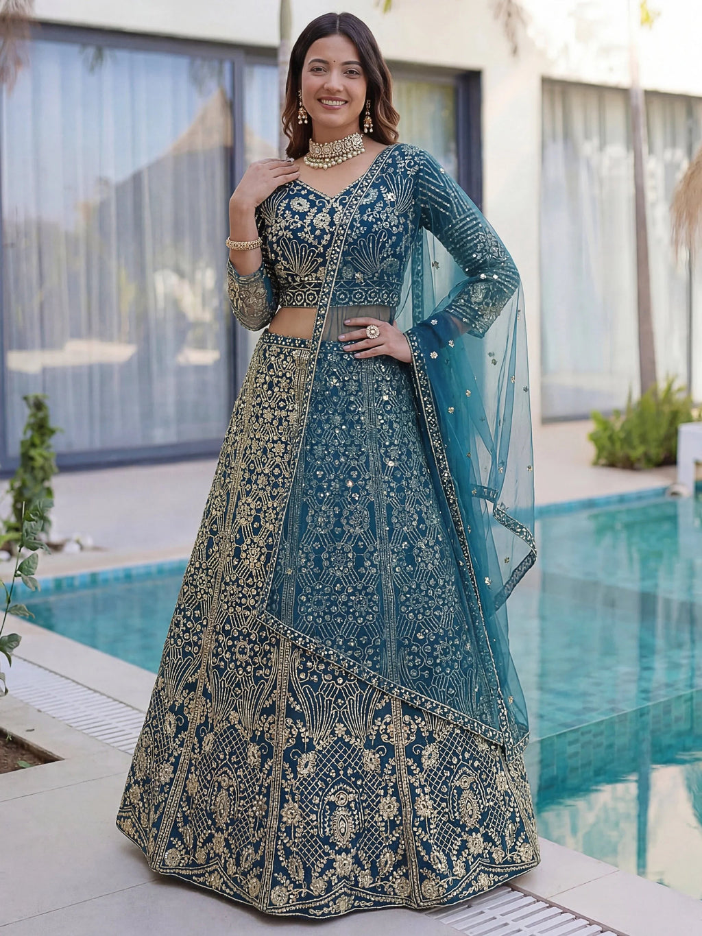 Teal Gorgeous Sequins Net Evening Wear Lehenga Choli With Dupatta
