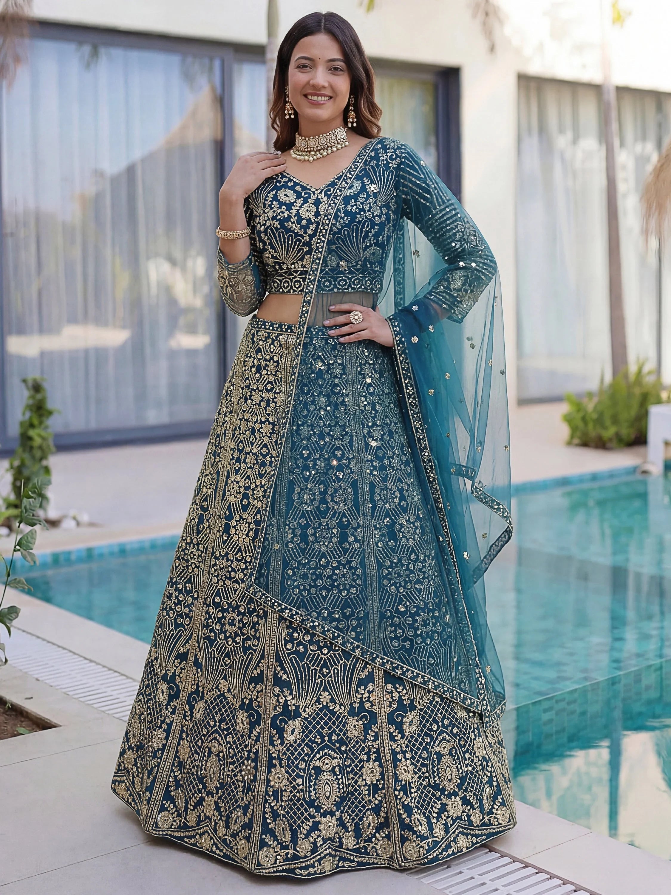 Teal Gorgeous Sequins Net Evening Wear Lehenga Choli With Dupatta