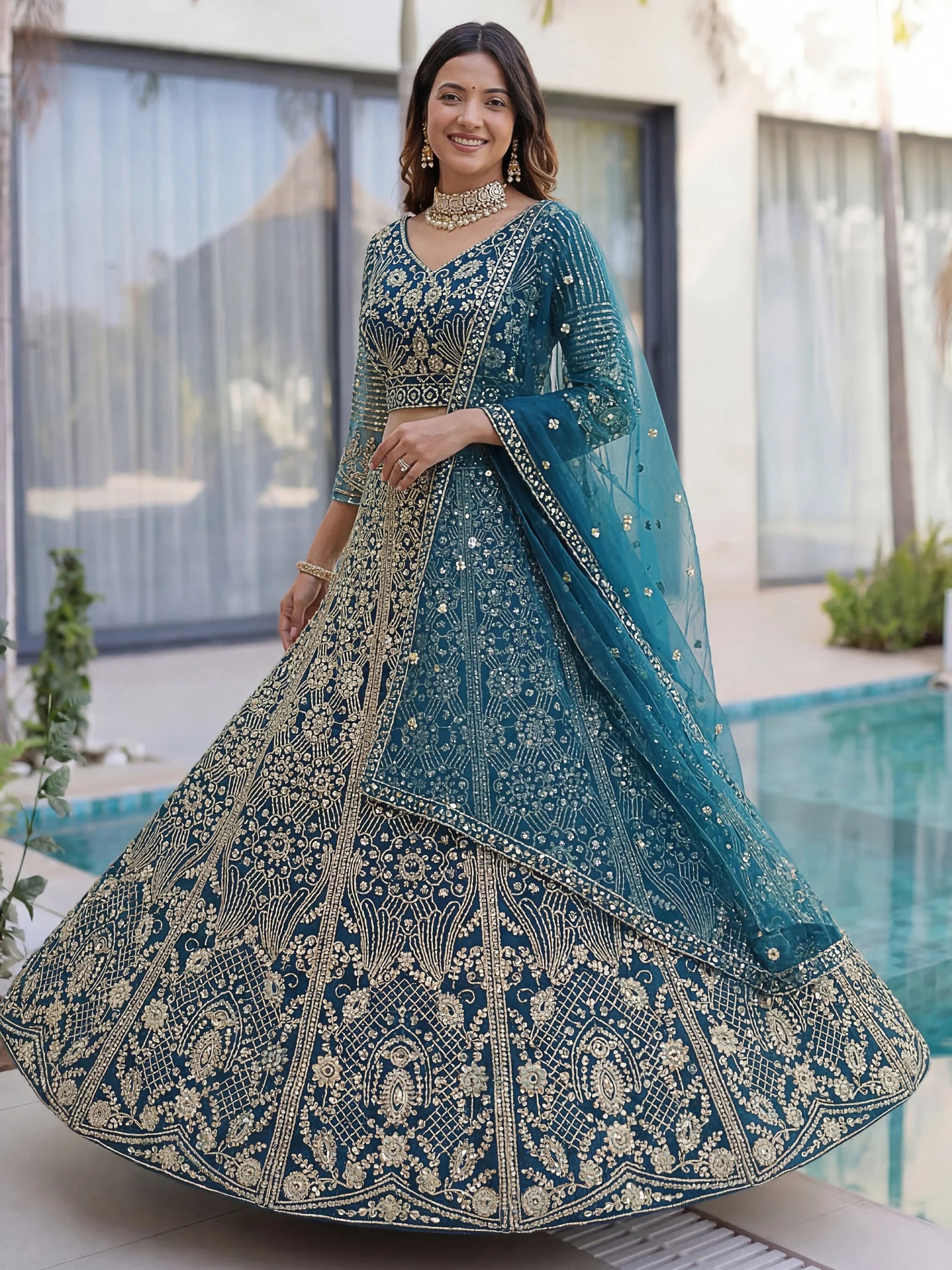 Teal Gorgeous Sequins Net Evening Wear Lehenga Choli With Dupatta