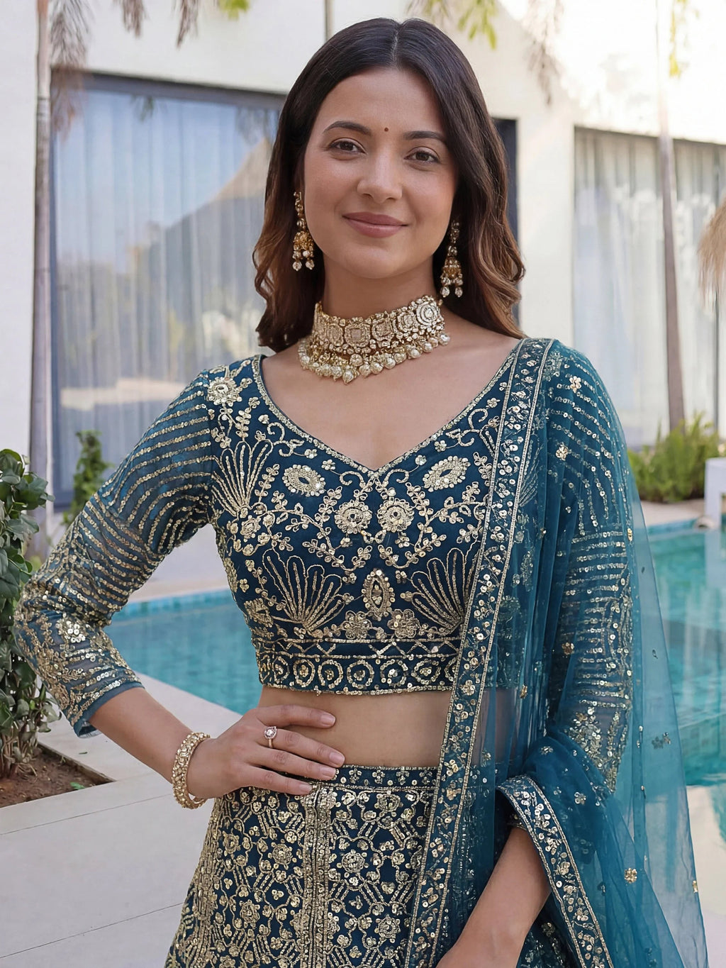 Teal Gorgeous Sequins Net Evening Wear Lehenga Choli With Dupatta