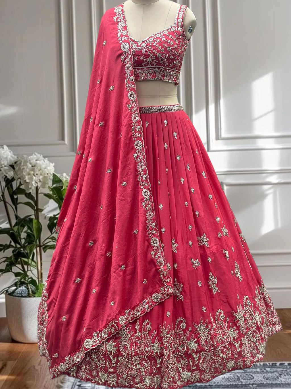 Adorable Red Embroidered Chinon Engagement Wear Plus Size Lehenga Choli