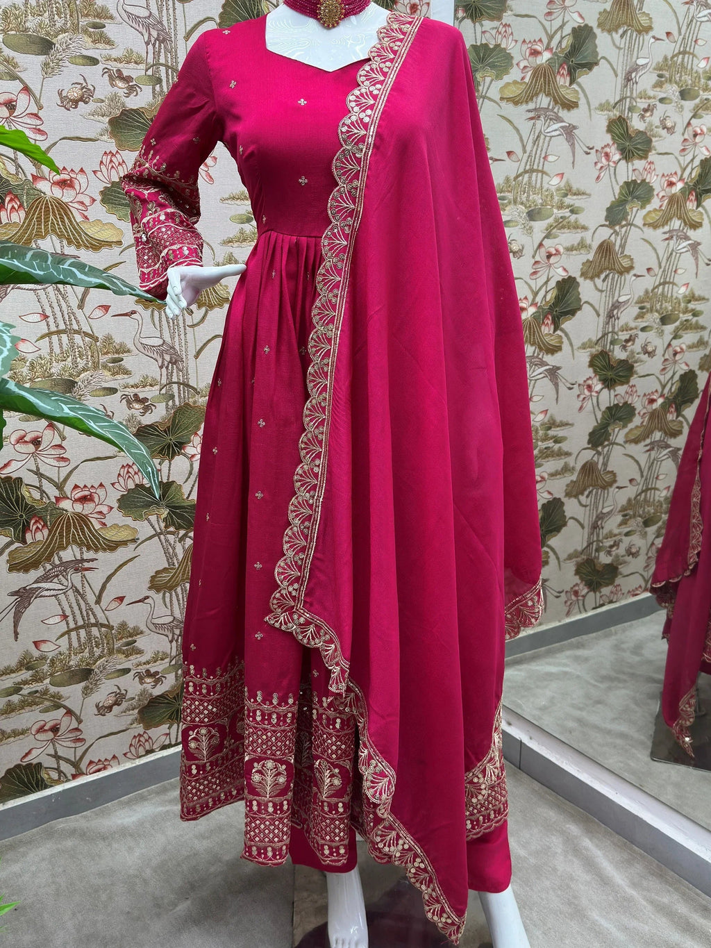 Pink Impressive Embroidered Silk Festive Wear Gown With Dupatta