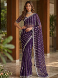 Impressive Purple Embroidered Satin Reception Wear Saree With Blouse