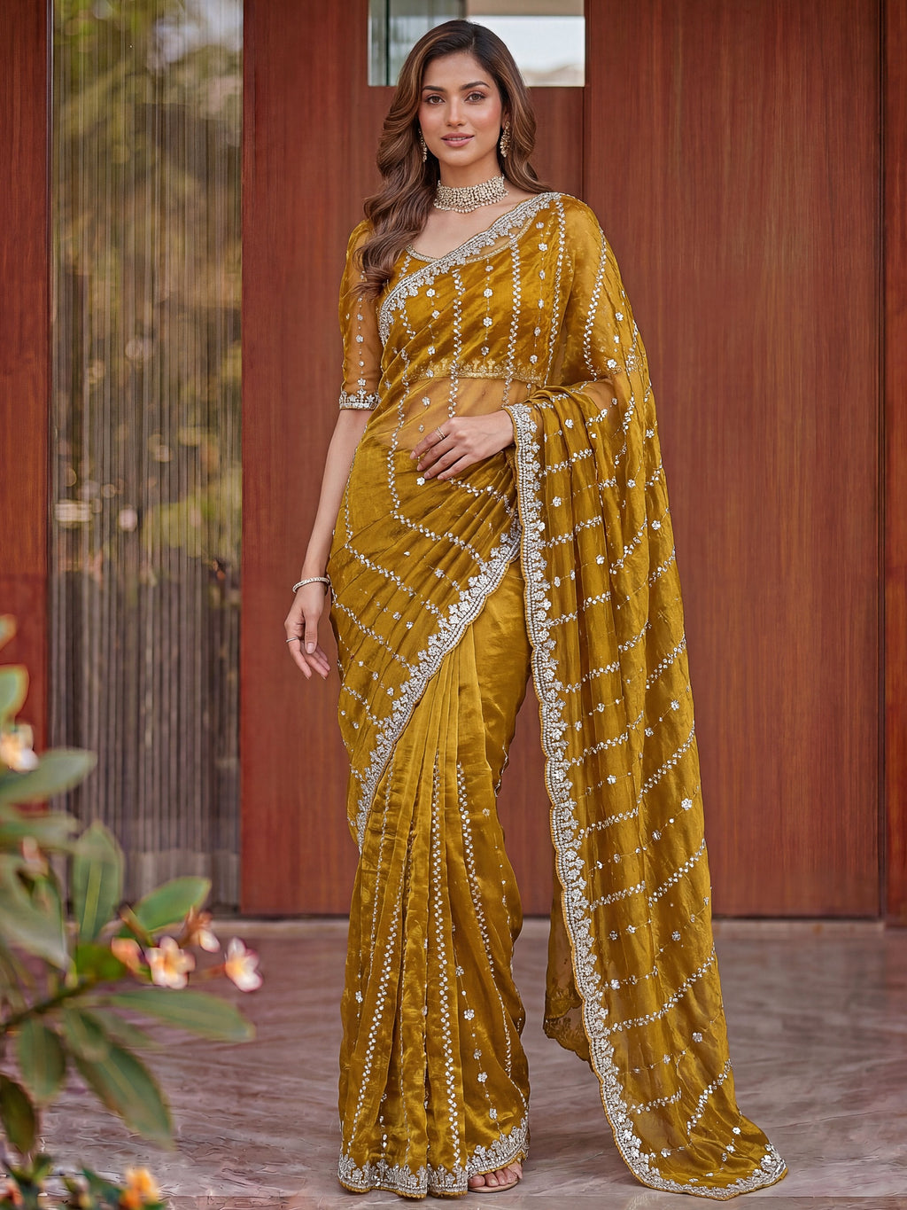 Mustard Captivating Beads Work Satin Party Wear Saree With Blouse