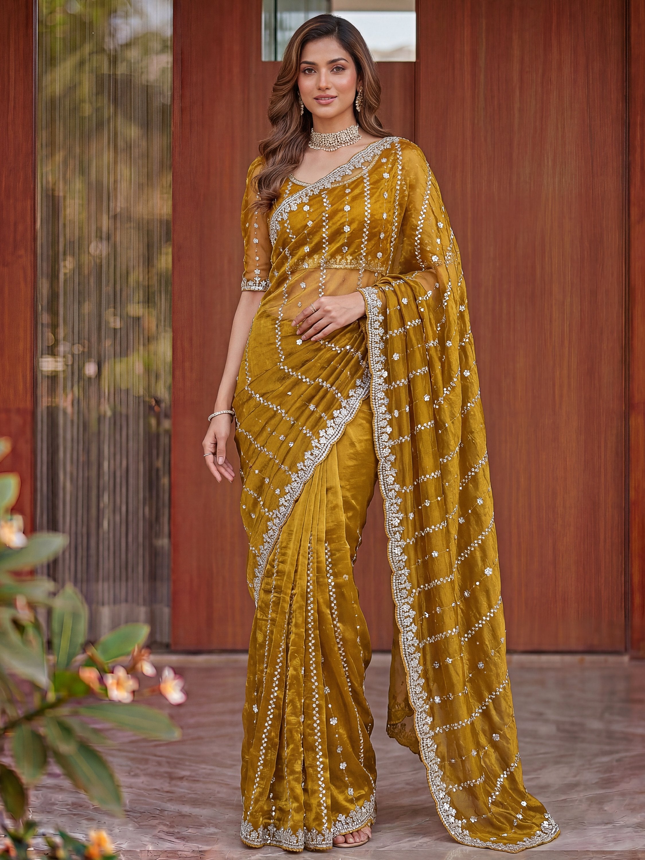 Mustard Captivating Beads Work Satin Party Wear Saree With Blouse